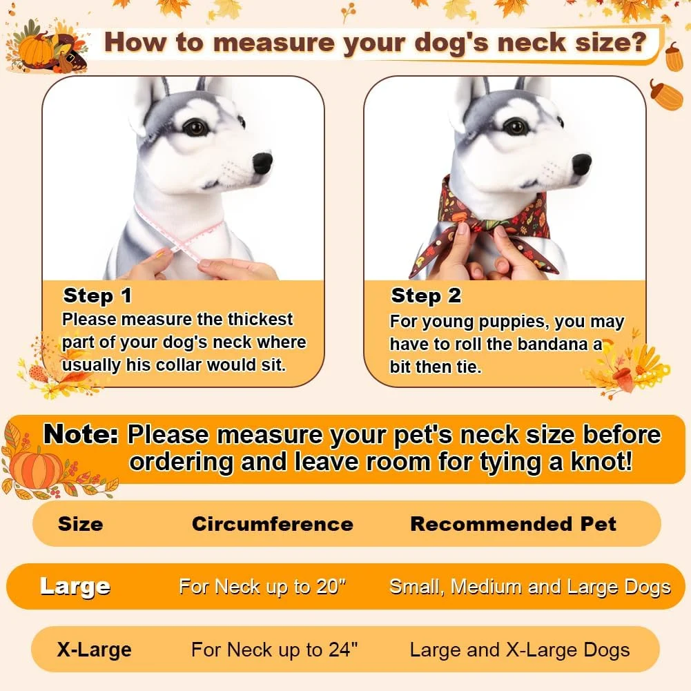 ست دستمال گردن سگ برای شکرگزاری - 2 عدد اکسسوری تعطیلات حیوانات خانگی با طرح کدو تنبل، بوقلمون و حروف شکرگزاری، دستمال گردن سگ برای ایجاد حال و هوای گرم پاییزی (بزرگ، سفید و قهوه ای)
