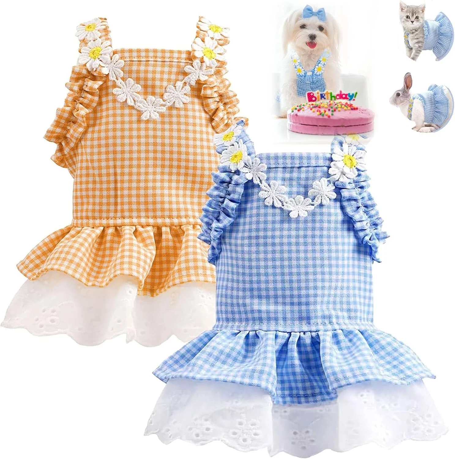 لباس سگ SYOSI برای سگ های کوچک دخترانه، لباس های آفتابی سگ های چهارخانه زیبا، دامن گربه توله سگ، لباس های پرنسس مهمانی تولد سگ، لباس های تابستانی حیوانات خانگی (2 عدد، M)