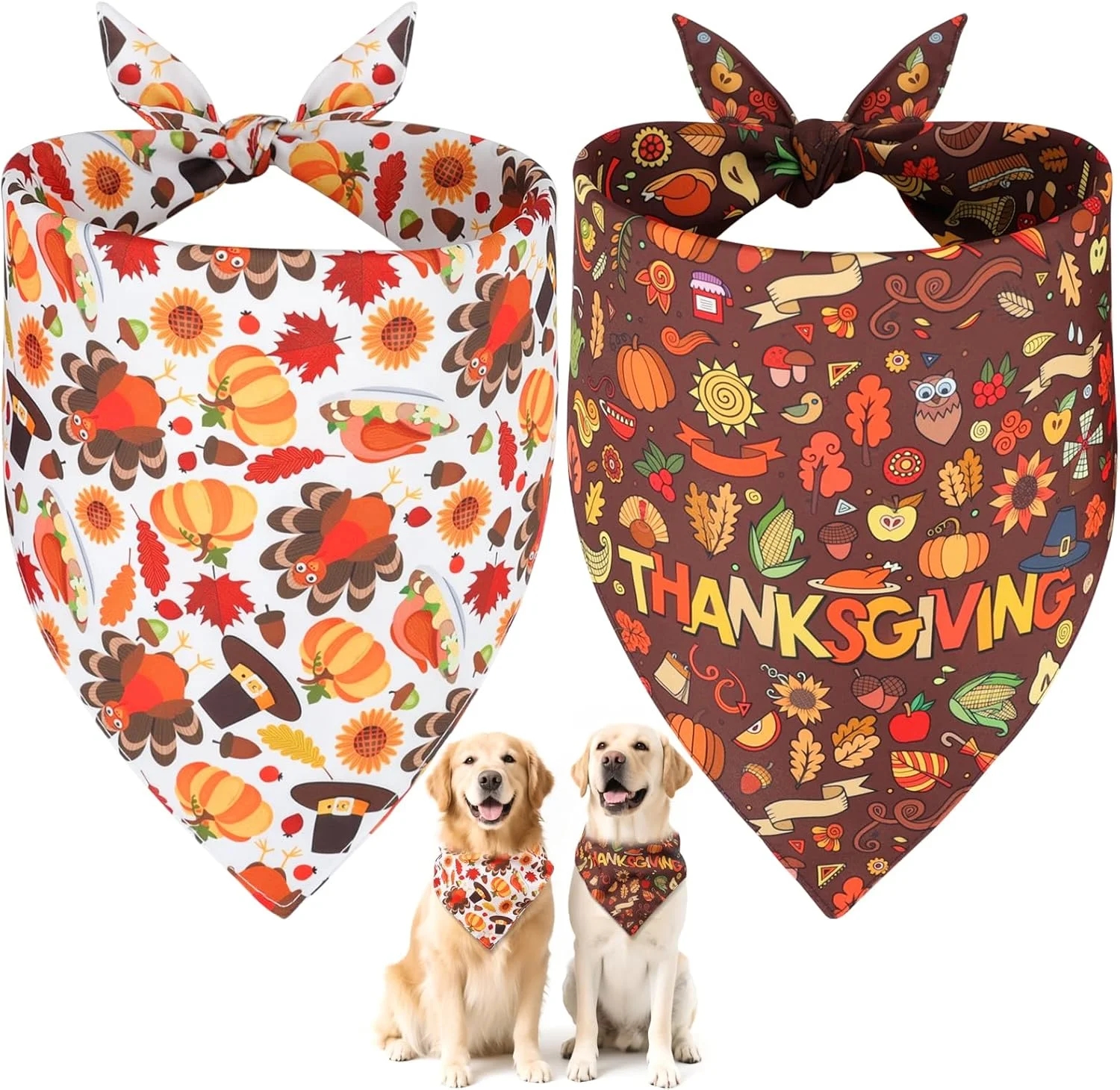 ست دستمال گردن سگ برای شکرگزاری - 2 عدد اکسسوری حیوانات خانگی با طرح کدو تنبل، بوقلمون و حروف شکرگزاری، دستمال گردن سگ برای ایجاد حس و حال گرم پاییزی (بسیار بزرگ، سفید و قهوه ای)