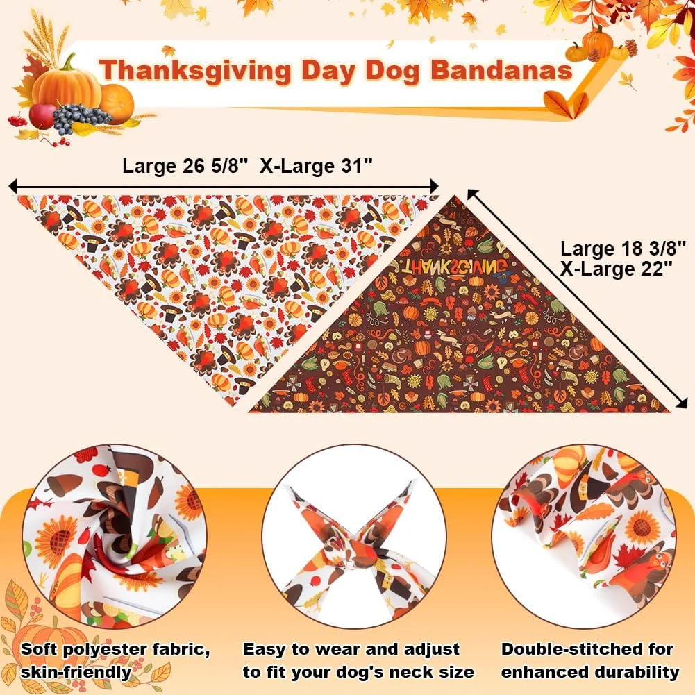 ست دستمال گردن سگ برای شکرگزاری - 2 عدد اکسسوری حیوانات خانگی با طرح کدو تنبل، بوقلمون و حروف شکرگزاری، دستمال گردن سگ برای ایجاد حس و حال گرم پاییزی (بسیار بزرگ، سفید و قهوه ای)