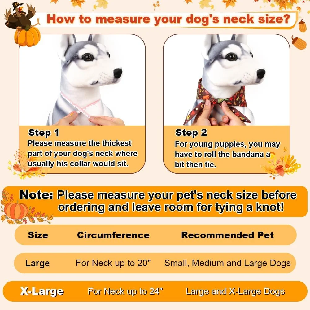 ست دستمال گردن سگ برای شکرگزاری - 2 عدد اکسسوری حیوانات خانگی با طرح کدو تنبل، بوقلمون و حروف شکرگزاری، دستمال گردن سگ برای ایجاد حس و حال گرم پاییزی (بسیار بزرگ، سفید و قهوه ای)
