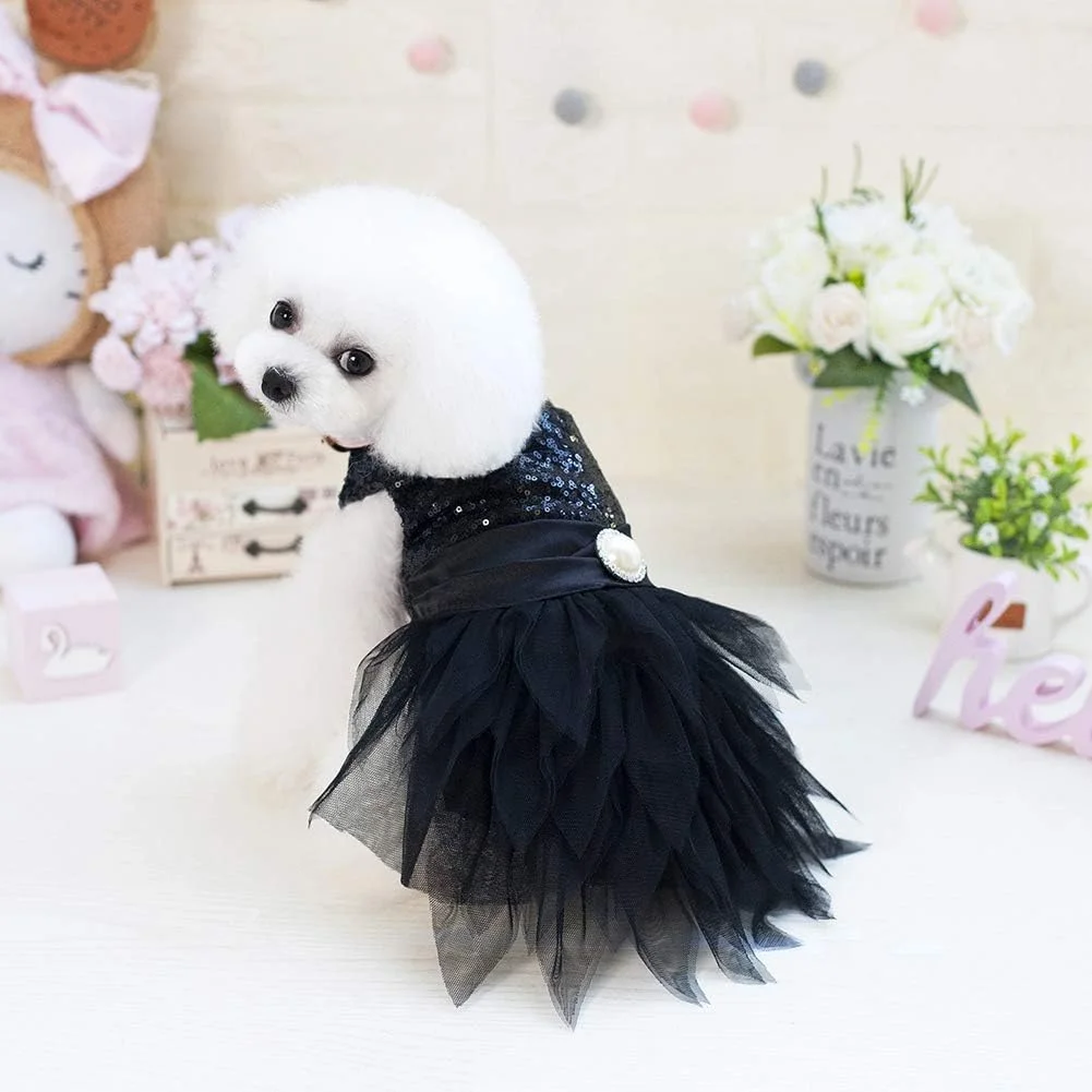 لباس رقص سگ با دامن جشن کریسمس، مدل کمربند باریک، ساتن، مناسب مهمانی، سایز S، مشکی