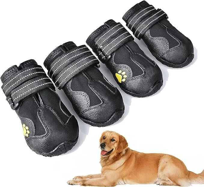 کفش سگ مشکی ضد آب تزویق مناسب سگ های متوسط تا بزرگ، اندازه پنجه 5.6-6 سانتی متر، زیره مقاوم در برابر لغزش و سایش، پاپوش سگ با نوارهای بازتابنده، محافظ پنجه برای پیاده روی در فضای باز