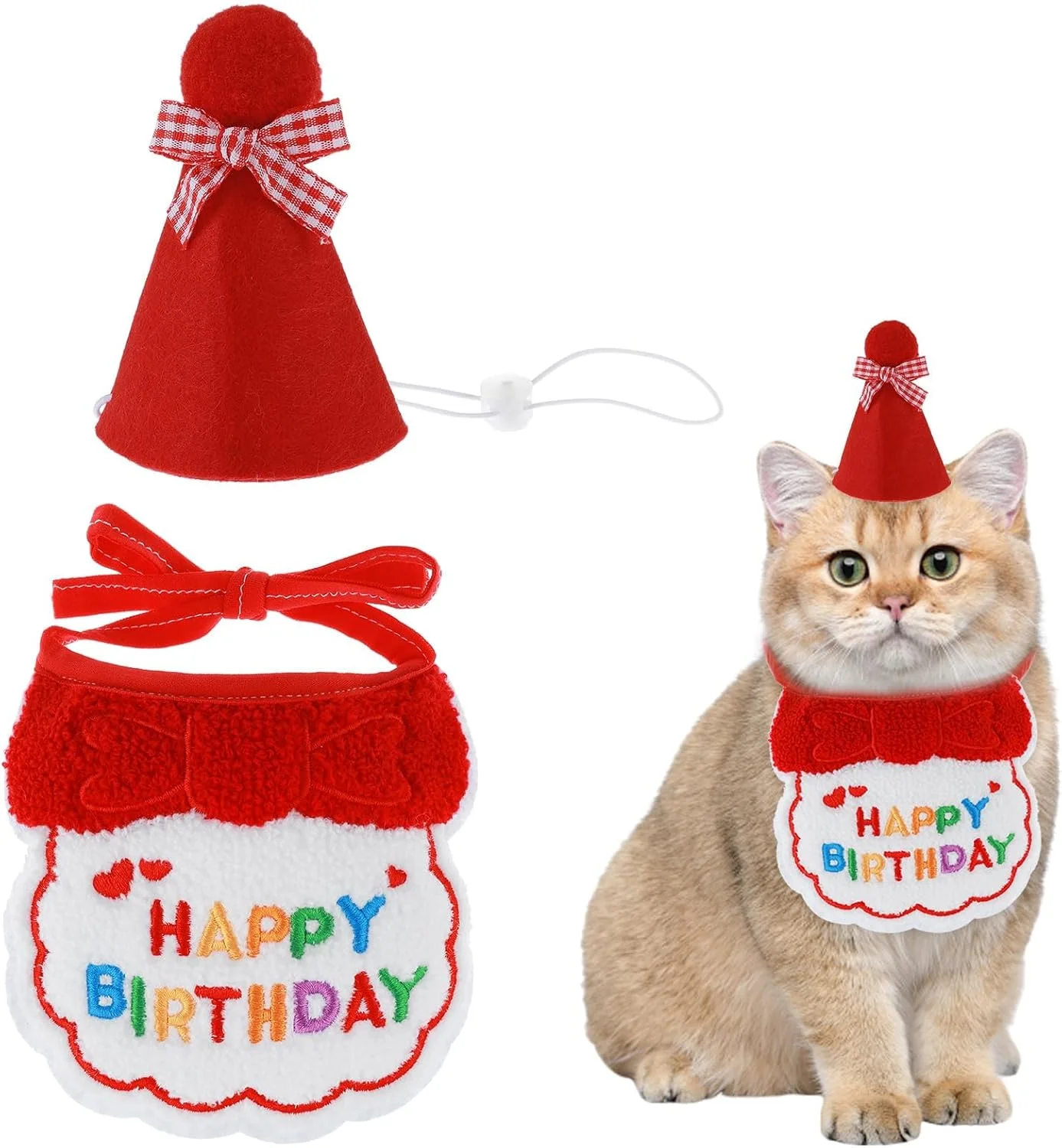 ست کلاه و شال گردن تولد سگ و گربه، لوازم جانبی لباس حیوانات خانگی، لوازم جشن تولد حیوانات خانگی، مناسب برای سگ و گربه های دختر و پسر (قرمز)