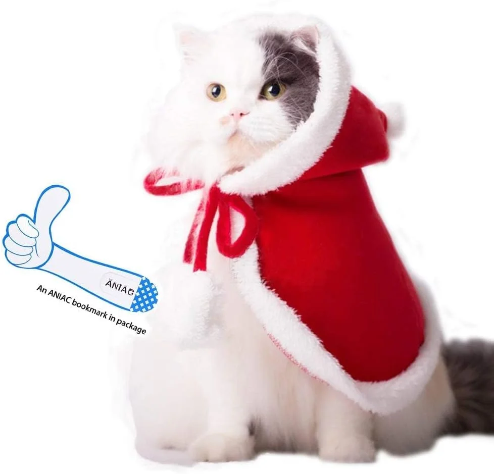 شنل کریسمس حیوانات خانگی، شنل قرمز کریسمس، شنل حیوانات خانگی با کلاه بابانوئل، لوازم جانبی لباس خنده دار و ضخیم حیوانات خانگی، برای گربه ها و سگ های کوچک (قرمز، متوسط)