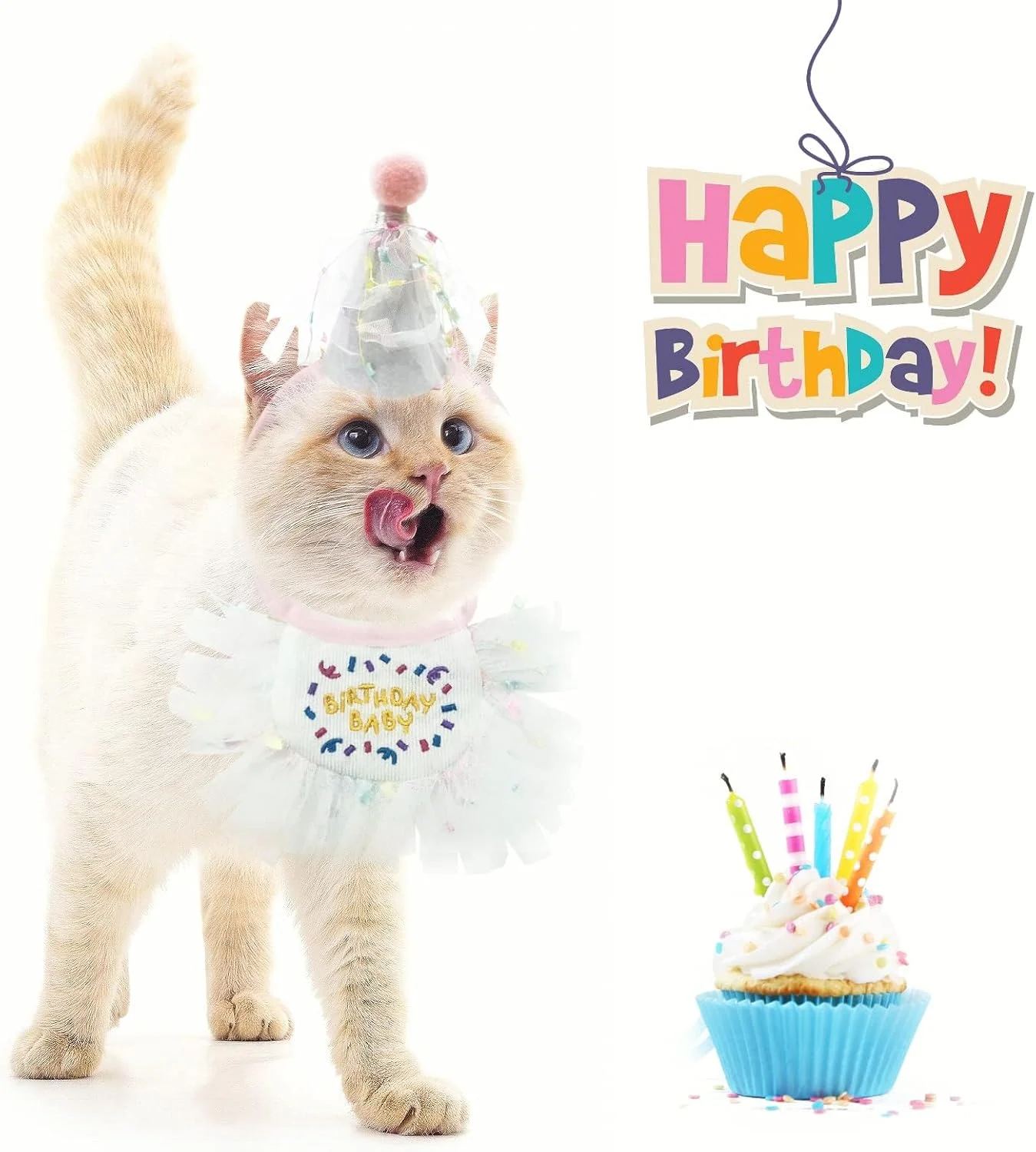 لوازم جشن تولد حیوانات خانگی تریفای، ست کلاه و دستمال گردن تولد گربه، مناسب برای ست تزئینات جشن تولد سگ و گربه (صورتی)