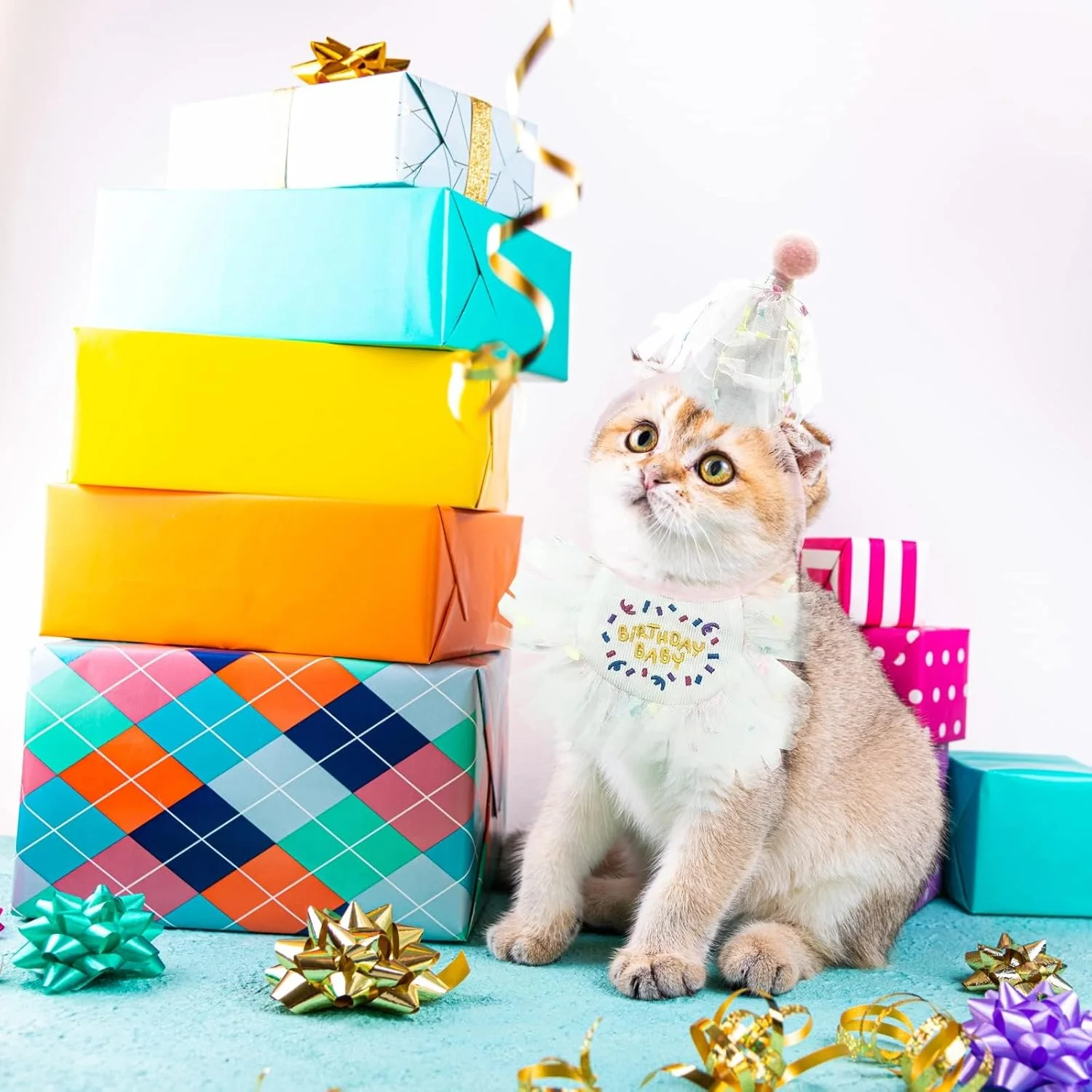لوازم جشن تولد حیوانات خانگی تریفای، ست کلاه و دستمال گردن تولد گربه، مناسب برای ست تزئینات جشن تولد سگ و گربه (صورتی)