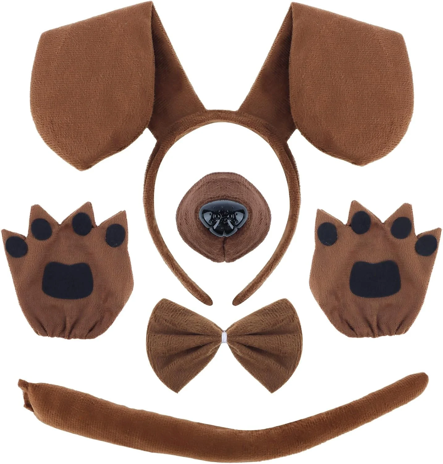 هدبند گوش سگ و دم، ست لوازم سگ قهوه ای شامل بینی سگ، پاپیون، دستکش و دم، لباس حیوانات برای دختران و زنان، قهوه ای، سایز M