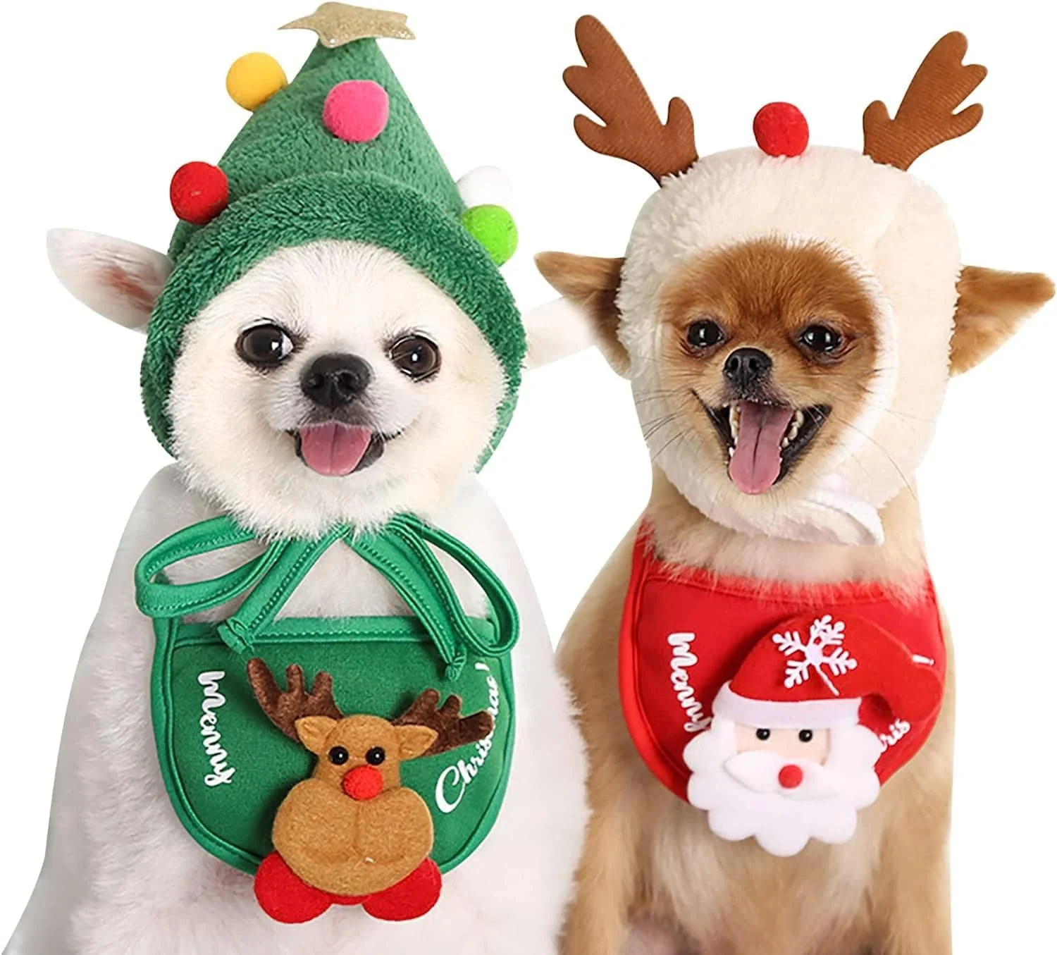 ست کلاه و دستمال گردن سگ کریسمس، 2 بسته، شامل کلاه بابانوئل، شاخ گوزن، درخت کریسمس، مناسب سگ های کوچک، توله سگ و گربه