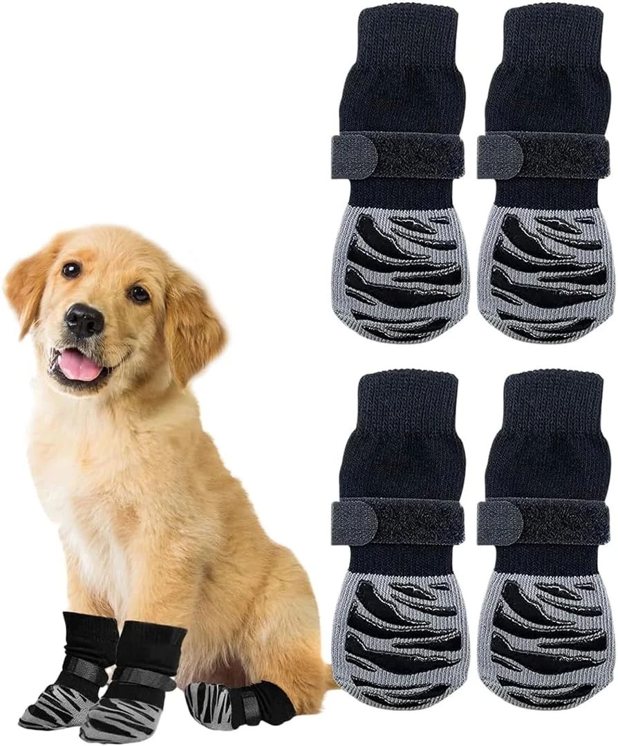 جوراب سگ ضد لغزش 2 جفت، محافظ پنجه دو طرفه، مناسب فضای داخلی و خارجی با بند قابل تنظیم، سایز M، مشکی