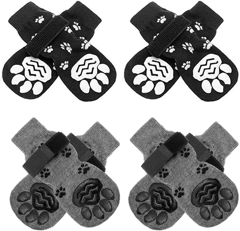 جوراب سگ TQPUWT ضد لغزش، 8 عدد جوراب سگ با بندهای قابل تنظیم، جوراب سگ ضد لغزش دو طرفه، جوراب سگ پنجه ها را محکم می پوشاند، برای سگ های بزرگ، مشکی، L