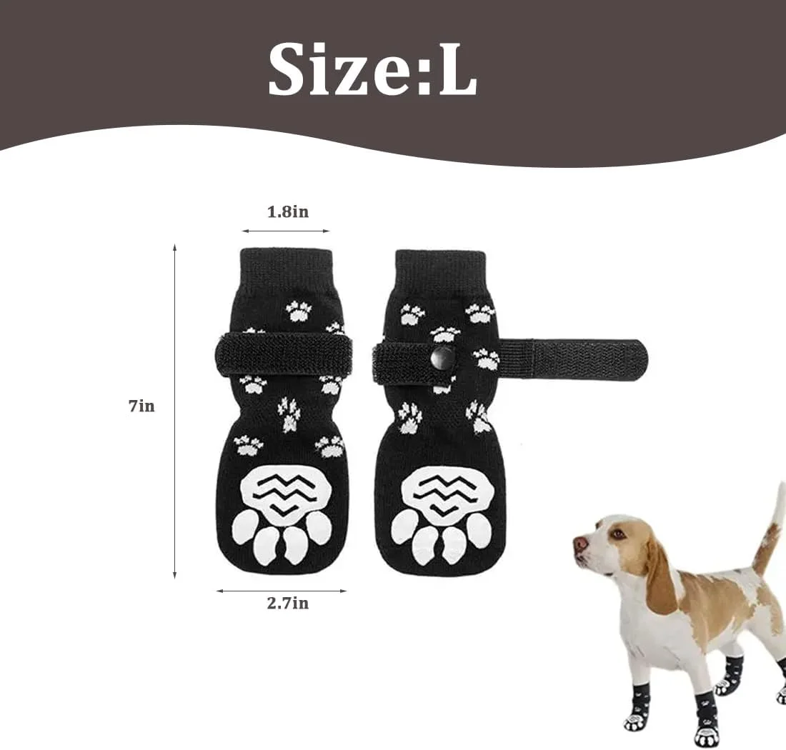 جوراب سگ TQPUWT ضد لغزش، 8 عدد جوراب سگ با بندهای قابل تنظیم، جوراب سگ ضد لغزش دو طرفه، جوراب سگ پنجه ها را محکم می پوشاند، برای سگ های بزرگ، مشکی، L