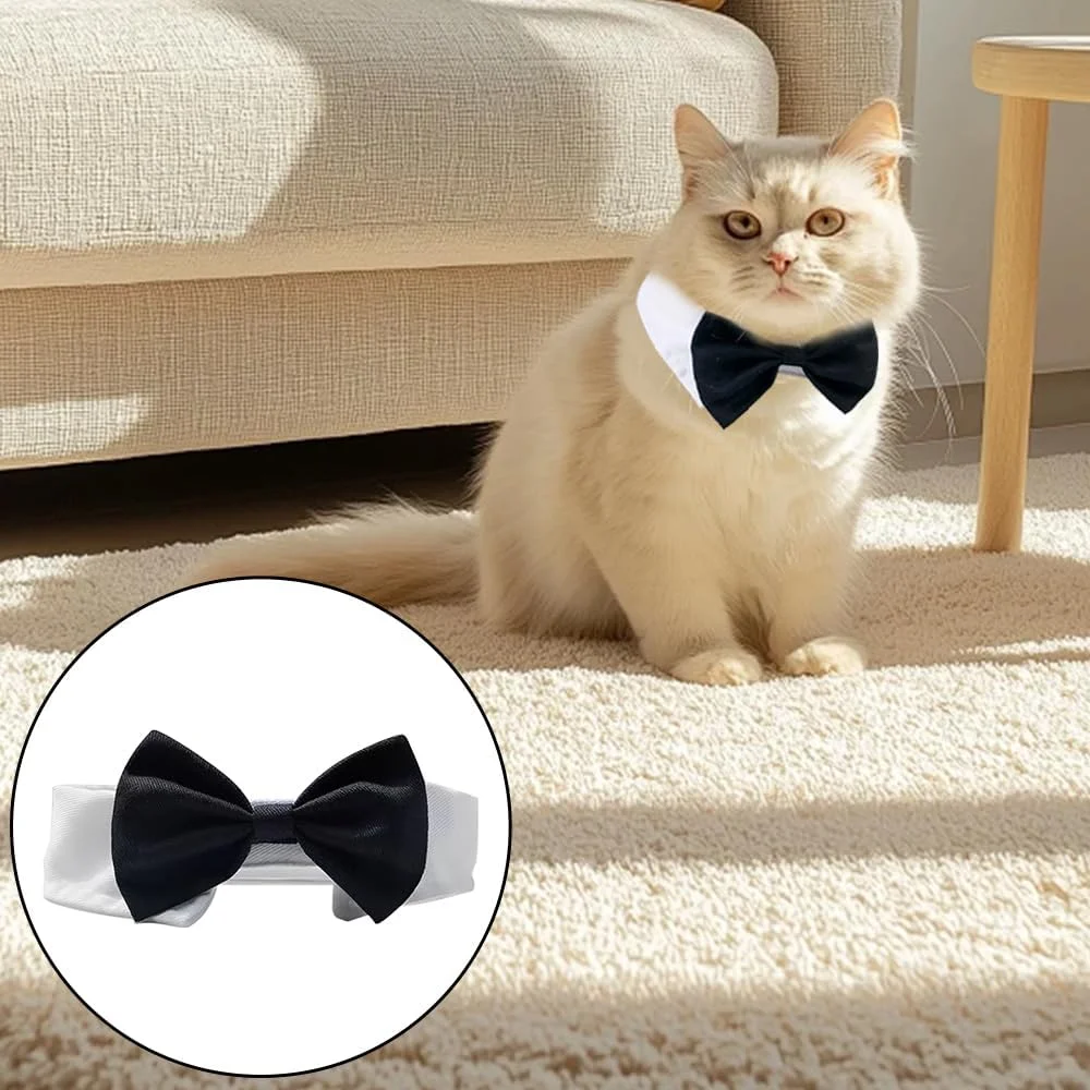 یک عدد پاپیون تاکسیدو زیبا برای سگ ها، یقه سفید قابل تنظیم با پاپیون مشکی، پاپیون تاکسیدو گربه برای عروسی ها و مراسم رسمی