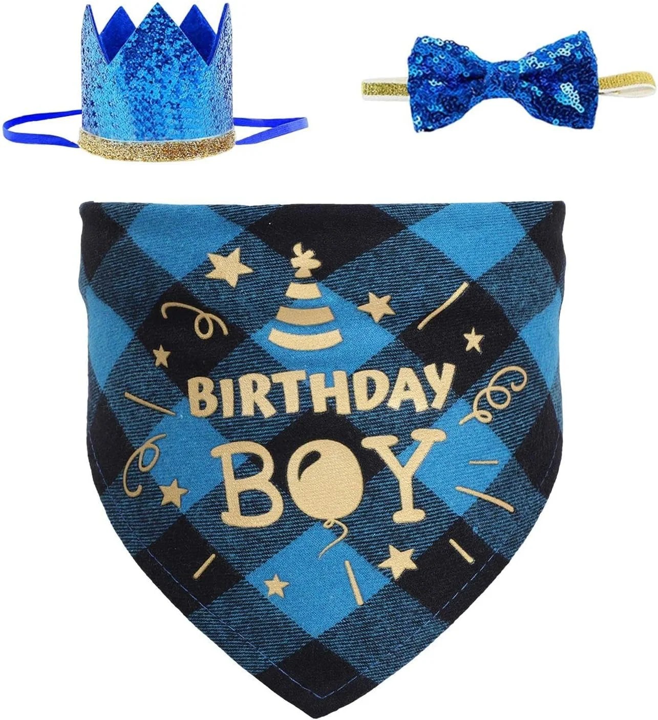 1 عدد روسری مثلثی حیوانات خانگی، 1 عدد کلاه و 1 عدد پاپیون، لوازم جشن تولد حیوانات خانگی، لوازم لباس پوشیدن حیوانات خانگی.