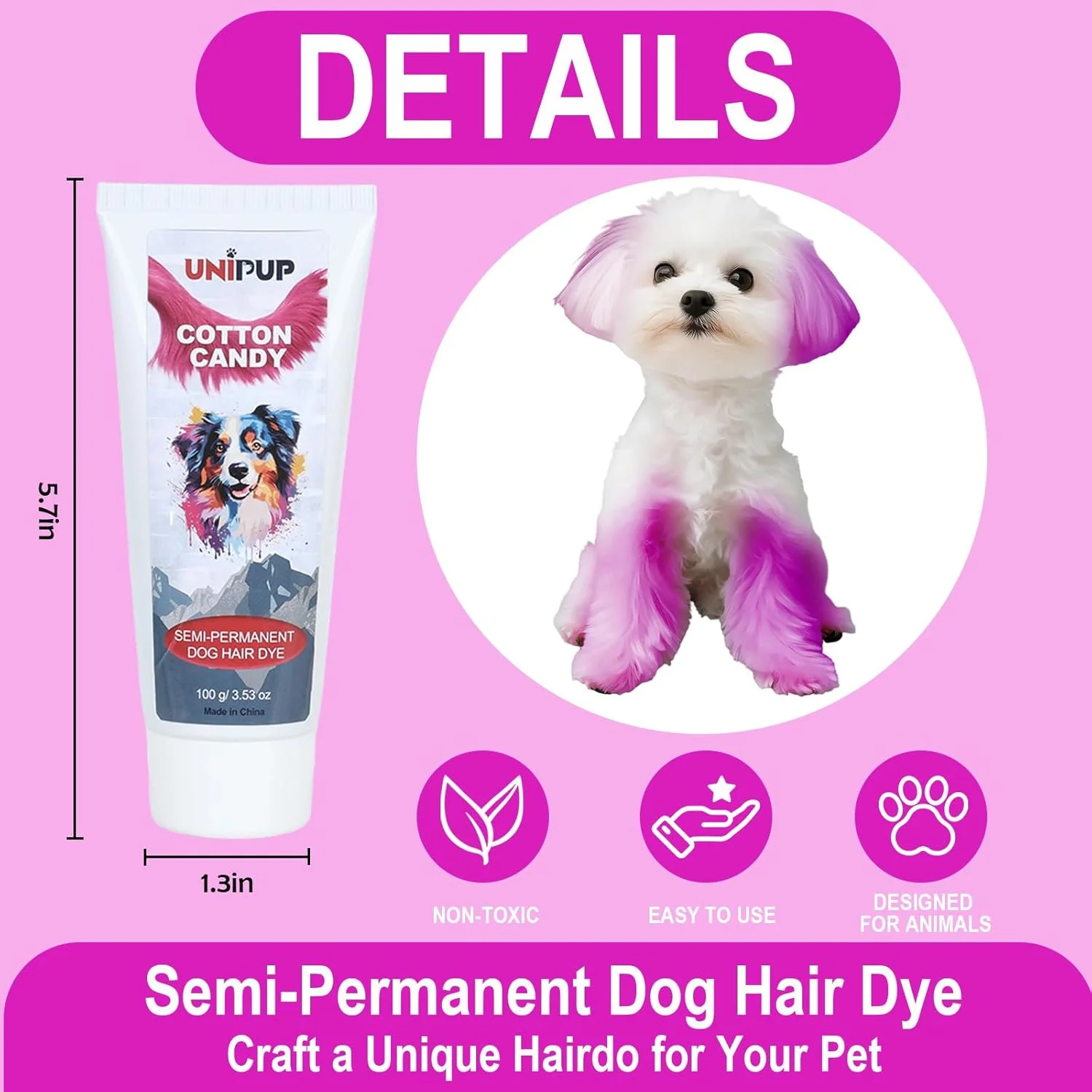 رنگ موی نیمه دائمی سگ، رنگ موی ایمن و ملایم برای سگ ها، گربه ها و همه حیوانات خانگی U-PHD02 (پشمک)