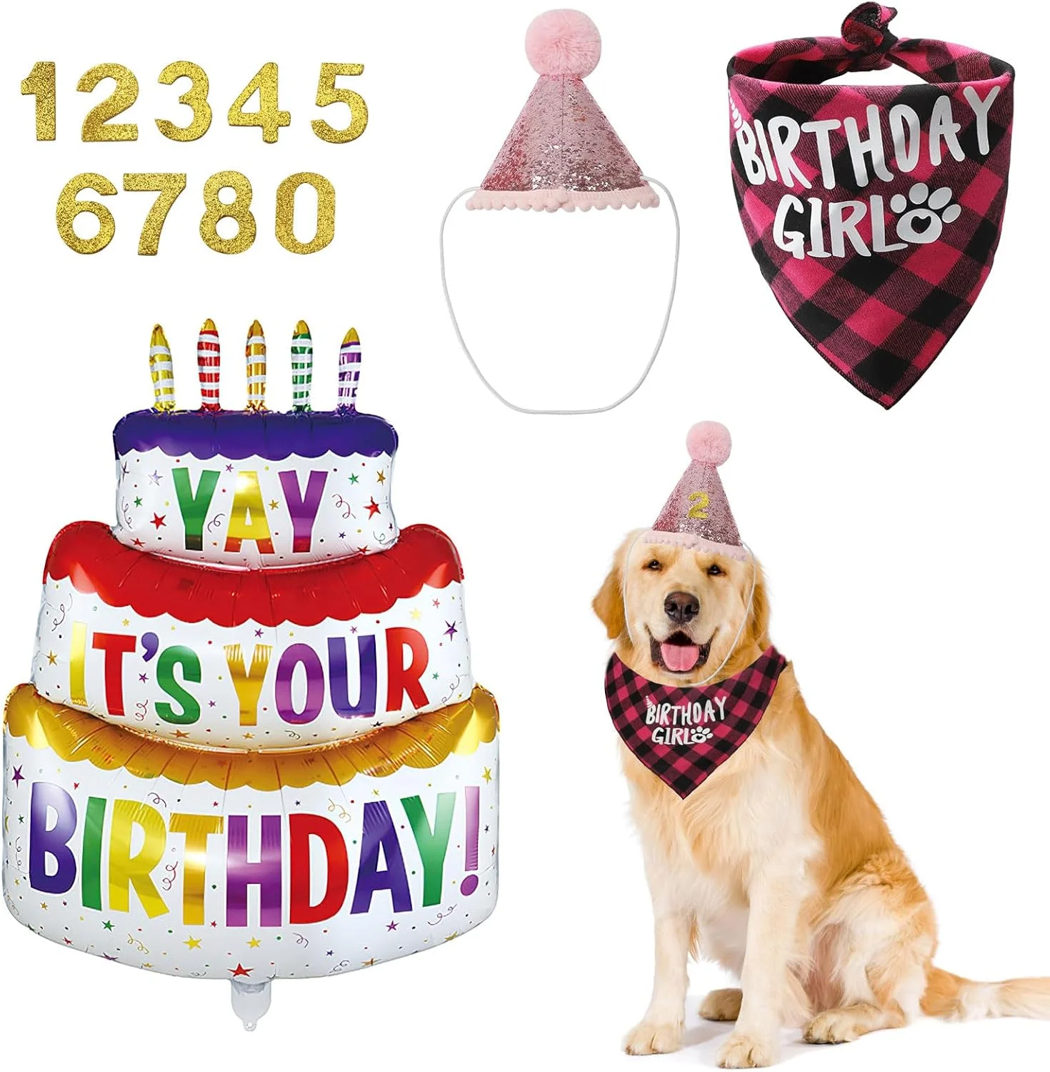 ست کلاه و دستمال گردن تولد سگ UOCAI، لباس تولد توله سگ، کلاه دستمال گردن تولد سگ با 8 عدد نگین دار، دکوراسیون تولد سگ، دستمال گردن تولدت مبارک حیوان خانگی، هدیه تولد سگ
