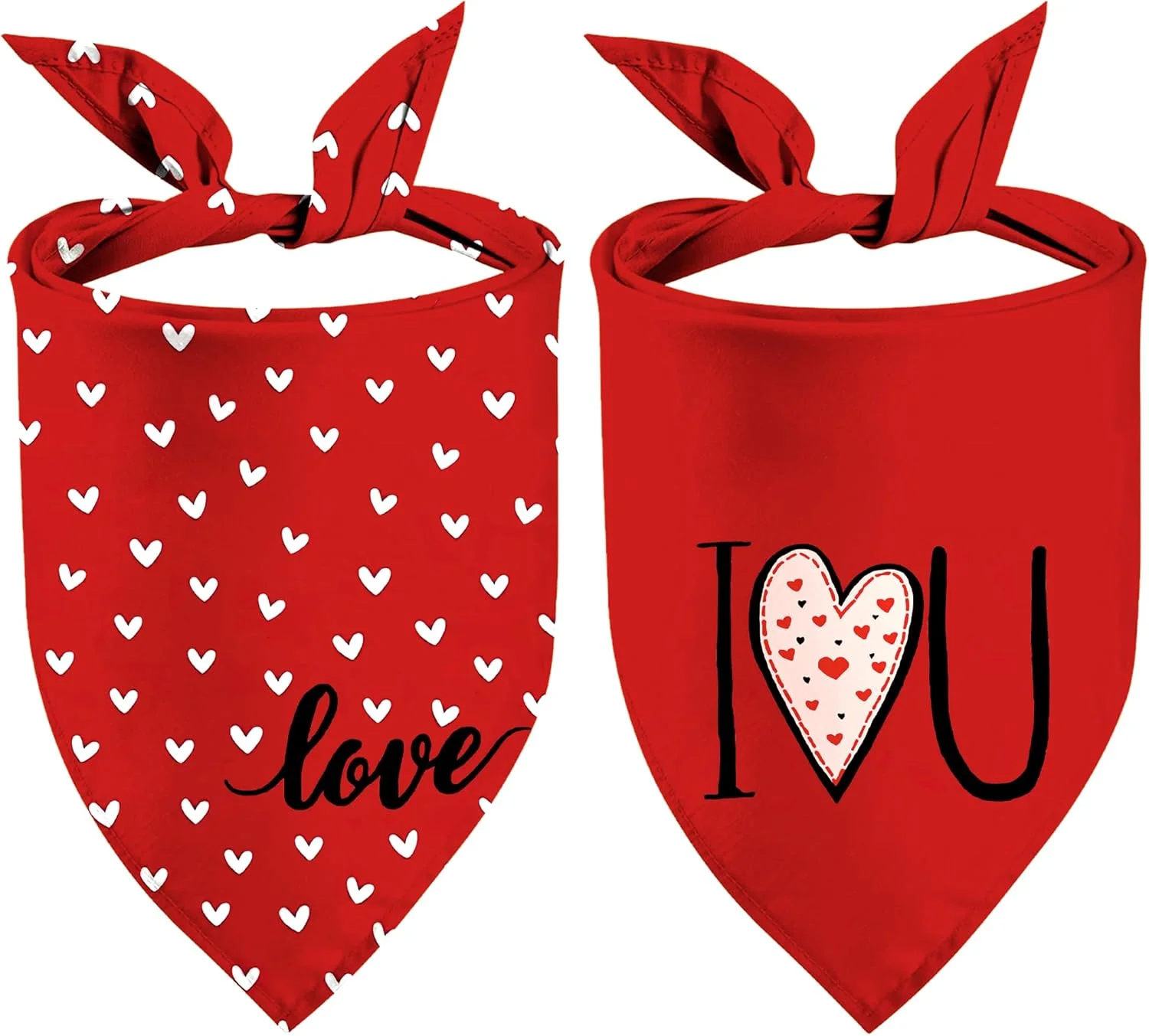 دستمال گردن سگ طرح روز عشق، بسته 2 عددی، طرح قلب های سفید و دوستت دارم قرمز، مناسب سگ های پسر و دختر، دستمال سر حیوانات خانگی برای سگ های بزرگ