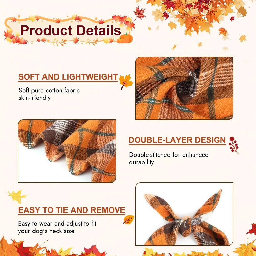 دستمال گردن سگ طرح پاییز و هالووین، 2 عددی، دستمال سه گوش پنبه ای طرح چهارخانه برای سگ ها و گربه های کوچک، پیشبند سگ دو لایه برگشت پذیر پاییزی برای استفاده روزانه، روز شکرگزاری (S، زرد و نارنجی)