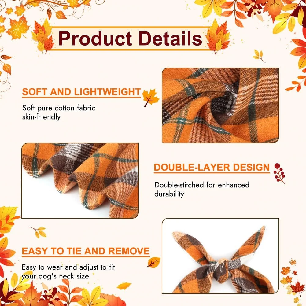دستمال گردن سگ طرح پاییز و هالووین، 2 عددی، دو رو، نخی، طرح چهارخانه، مناسب سگ های بزرگ و خیلی بزرگ، پیشبند سگ مثلثی پاییزی برای روز شکرگزاری و استفاده روزمره (XL، زرد و نارنجی)