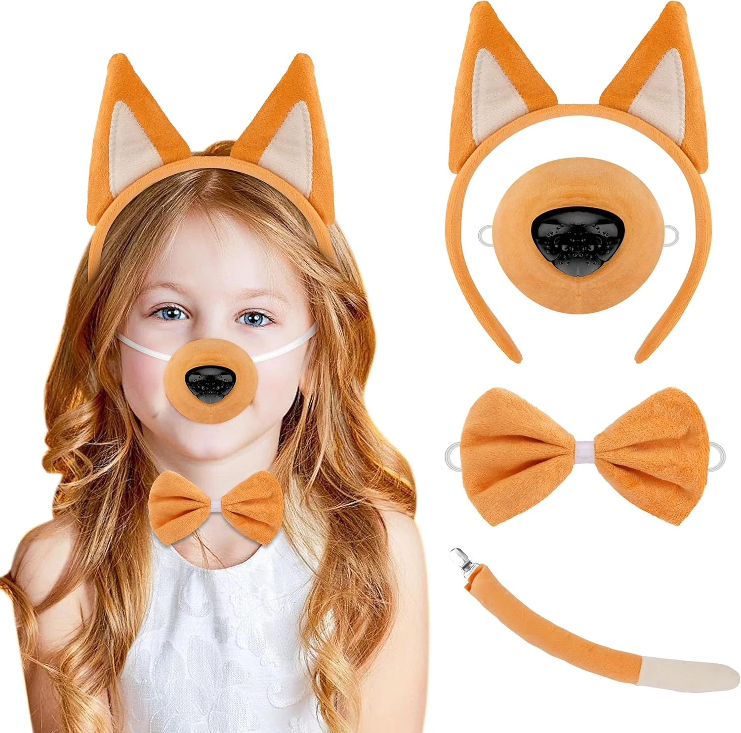 ست لباس سگ هیلر آبی وُوی برای بازی و نقشآفرینی، 4 تکه، شامل تل گوش، پاپیون، دم و بینی (زرد) ست لباس سگ هیلر آبی وُوی برای بازی و نقشآفرینی، 4 تکه، شامل تل گوش، پاپیون، دم و بینی (زرد)