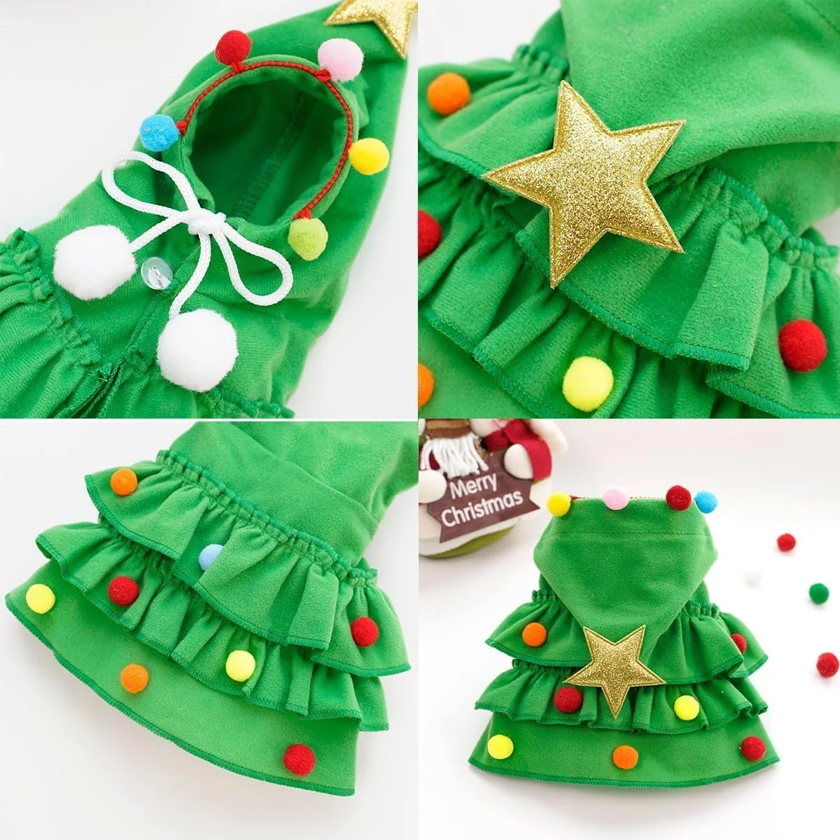 شنل حیوانات خانگی کریسمس VUCATIN، شنل کریسمس حیوانات خانگی با ستاره و منگوله، شنل درختی کریسمس سگ با کلاه برای سگ ها و گربه های کوچک و بزرگ (L، سبز)
