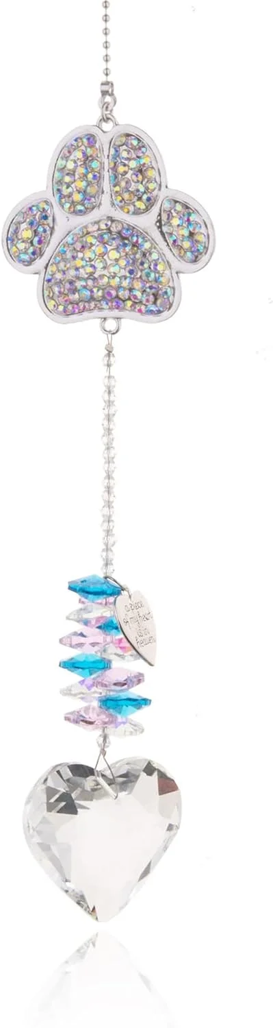 هدیه یادبود حیوانات خانگی - هدیه یادبود سگ، هدیه یادبود سگ با کارت همدردی، آویز قلب کریستالی، آویز نورگیر رویایی برای آویزان کردن از پنجره، دکور اتاق آویز پنجه سگ