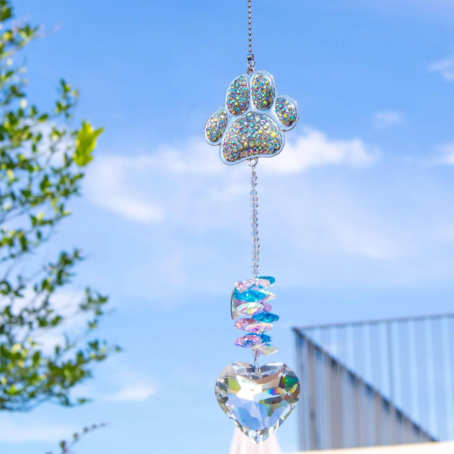 هدیه یادبود حیوانات خانگی - هدیه یادبود سگ، هدیه یادبود سگ با کارت همدردی، آویز قلب کریستالی، آویز نورگیر رویایی برای آویزان کردن از پنجره، دکور اتاق آویز پنجه سگ