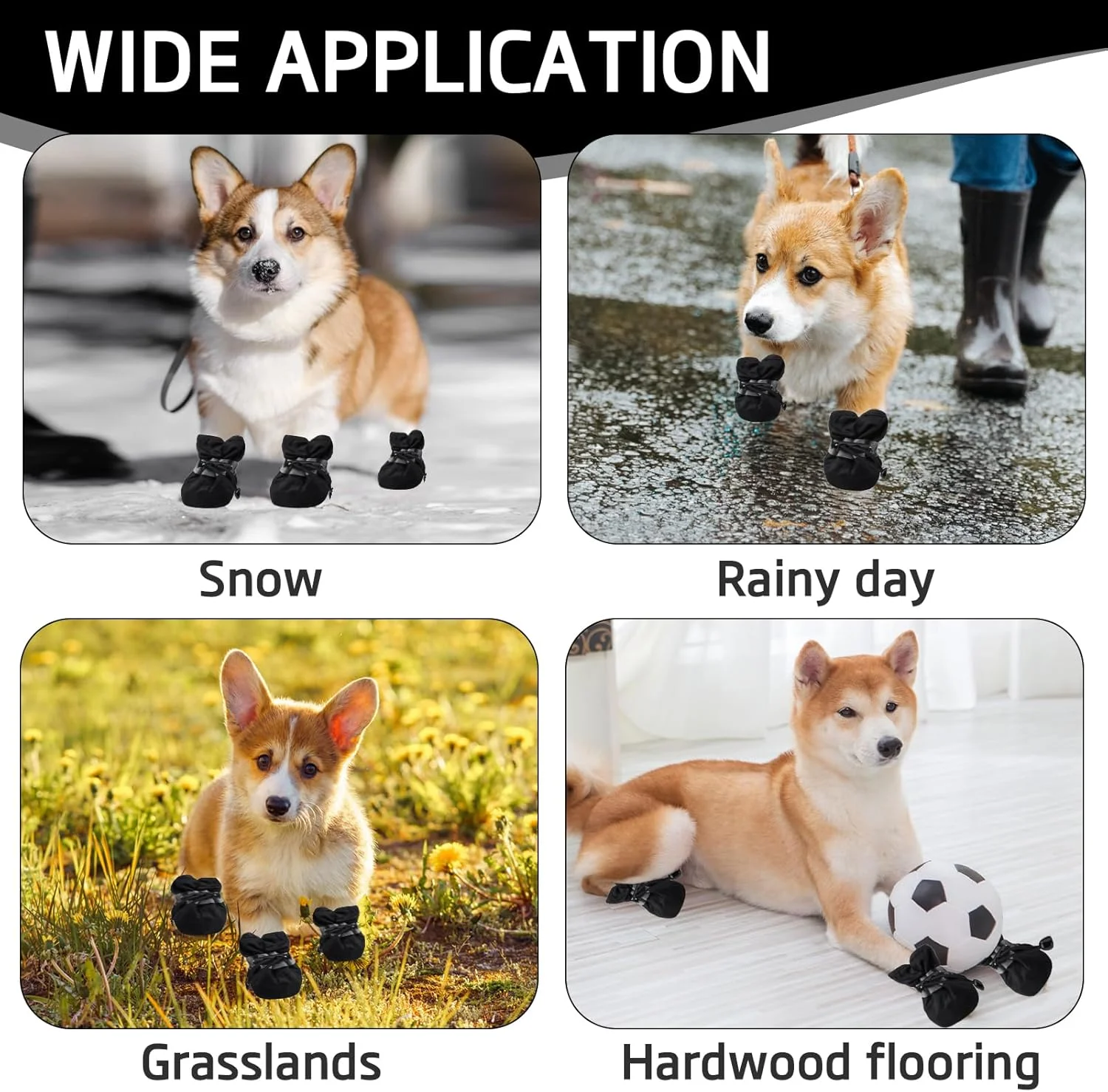 کفش سگ ضد لغزش و ضد آب، محافظ پنجه سگ ضد لغزش 4 عددی با زیره نرم و بندهای قابل تنظیم، مقاوم در برابر سایش و تنفس پذیر برای سگ های کوچک، مناسب برای استفاده در داخل خانه و پیاده روی در فضای باز - مشکی