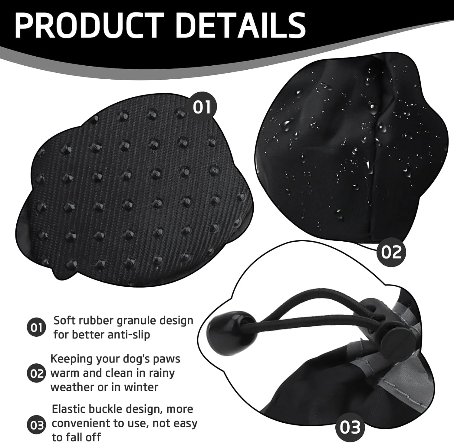 کفش سگ ضد لغزش و ضد آب، محافظ پنجه سگ ضد لغزش 4 عددی با زیره نرم و بندهای قابل تنظیم، مقاوم در برابر سایش و تنفس پذیر برای سگ های کوچک، مناسب برای استفاده در داخل خانه و پیاده روی در فضای باز - مشکی