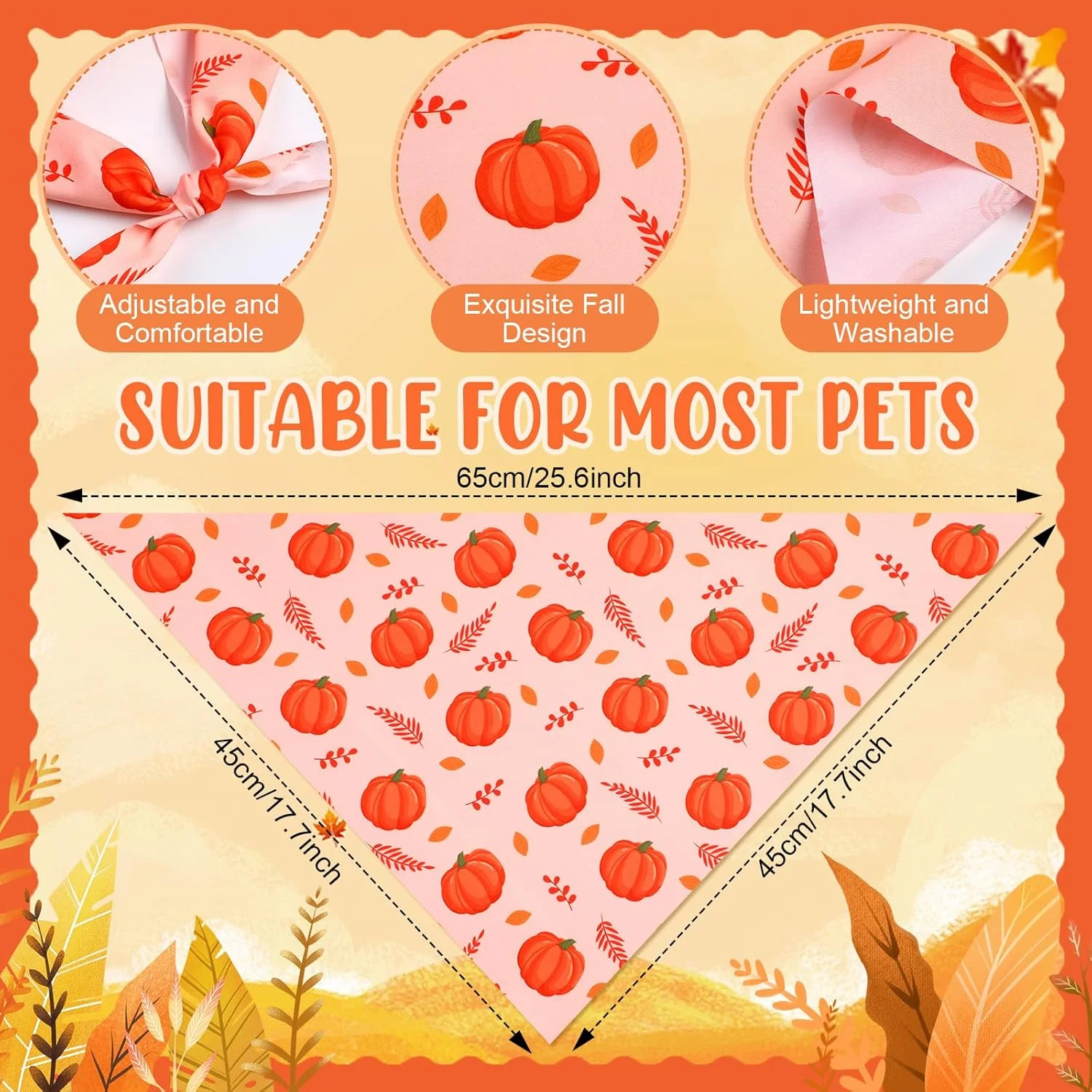 ویوودای، 50 عدد دستمال گردن سگ طرح پاییز، نرم و لطیف، مثلثی و قابل تنظیم، مناسب سگ های کوچک، متوسط و بزرگ (طرح برگ، 65x45x45 سانتی متر)