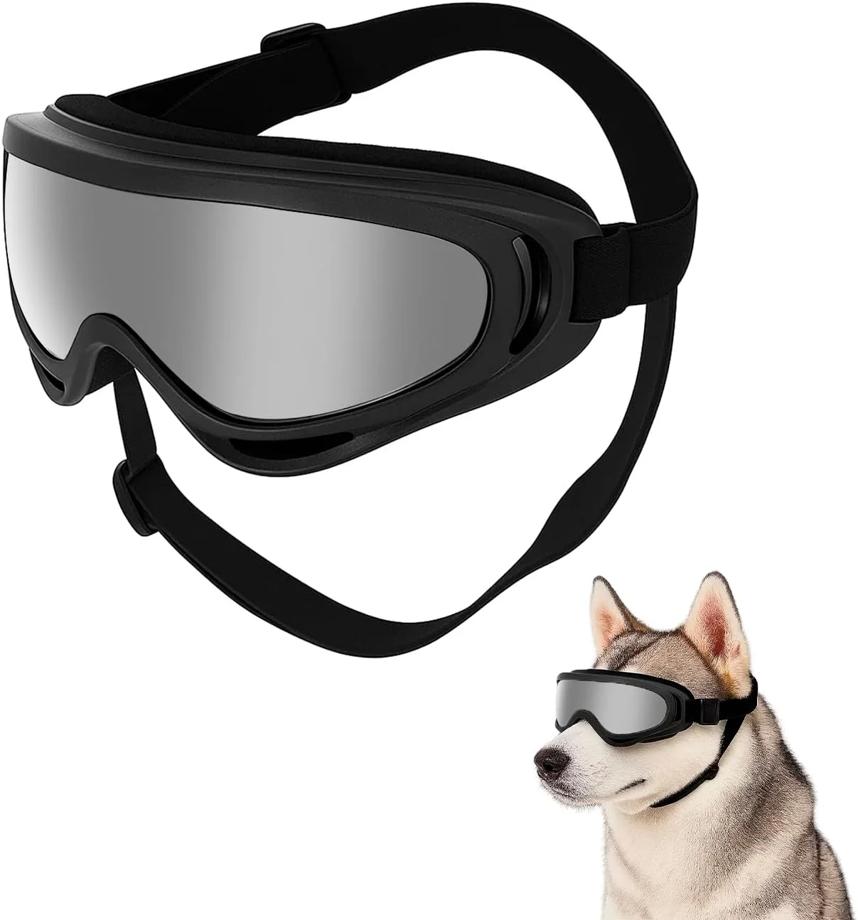 عینک آفتابی سگ، ضد باد و محافظت در برابر اشعه ماوراء بنفش، عینک آفتابی حیوانات خانگی با بند قابل تنظیم برای سگ های بزرگ و متوسط