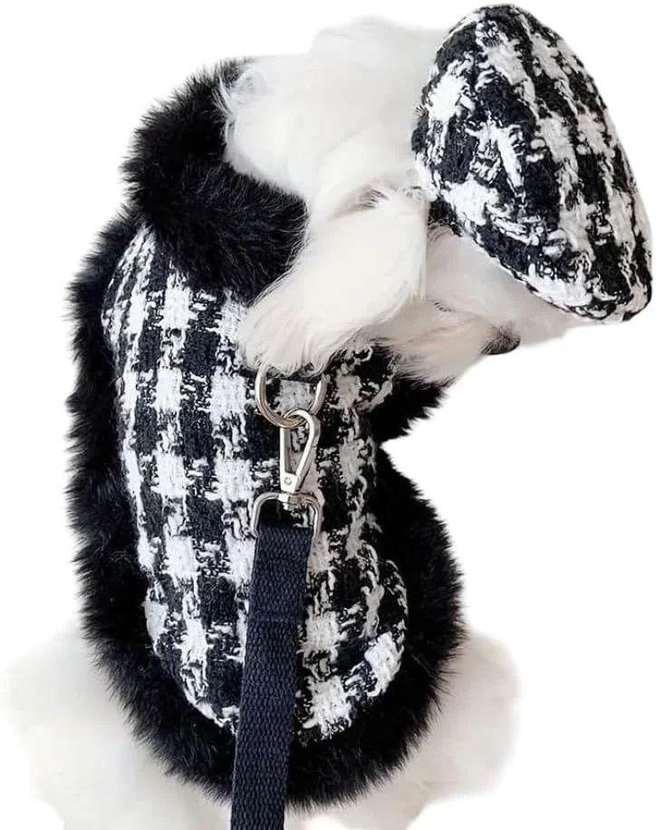 ژاکت زمستانی سگ، طرح راه راه سیاه و سفید، با اتصال بند قلاده ژاکت زمستانی سگ، طرح راه راه سیاه و سفید، با اتصال بند قلاده