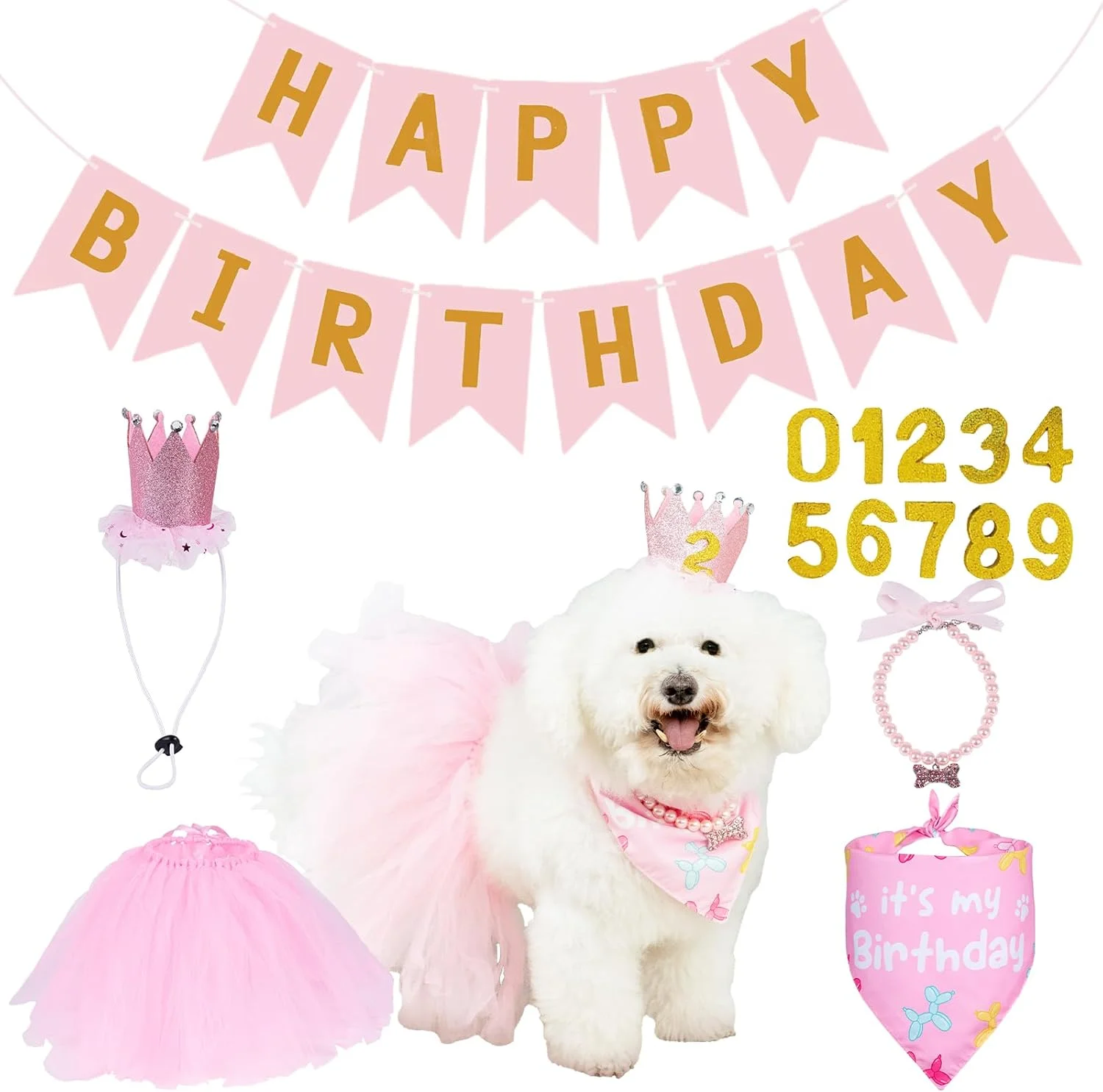 لوازم جشن تولد سگ، ست لباس تولد دخترانه سگ های کوچک با دامن توتو صورتی، دستمال گردن تولد، تاج، گردنبند، بنر تولد و اعداد 0-8 برای تزئینات جشن تولد توله سگ لوازم جشن تولد سگ، ست لباس تولد دخترانه سگ های کوچک با دامن توتو صورتی، دستمال گردن تولد، تاج، گردنبند، بنر تولد و اعداد 0-8 برای تزئینات جشن تولد توله سگ