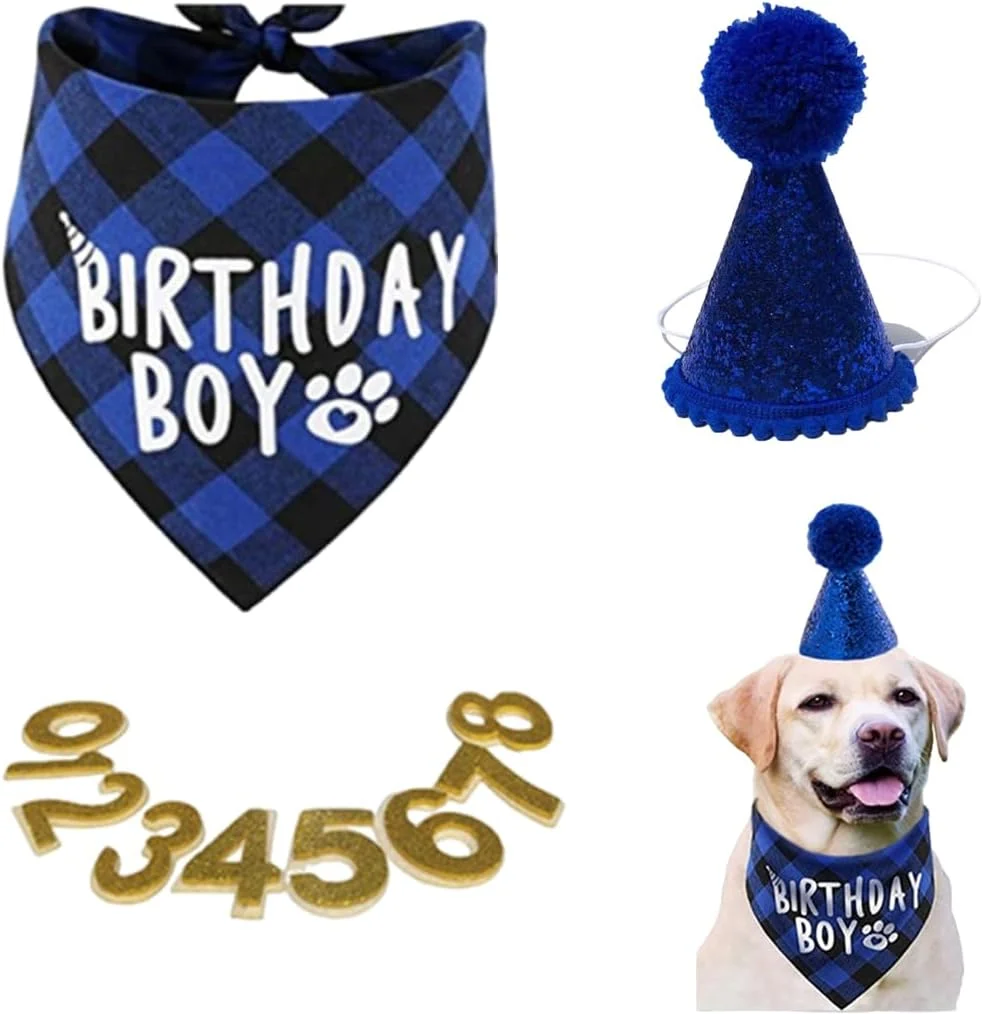 ست سه تکه کلاه و دستمال گردن تولد سگ، کلاه و دستمال گردن تولد سگ با 8 عدد نگین دار، هدیه تولد سگ، تزئین تولد سگ (آبی) ست سه تکه کلاه و دستمال گردن تولد سگ، کلاه و دستمال گردن تولد سگ با 8 عدد نگین دار، هدیه تولد سگ، تزئین تولد سگ (آبی)