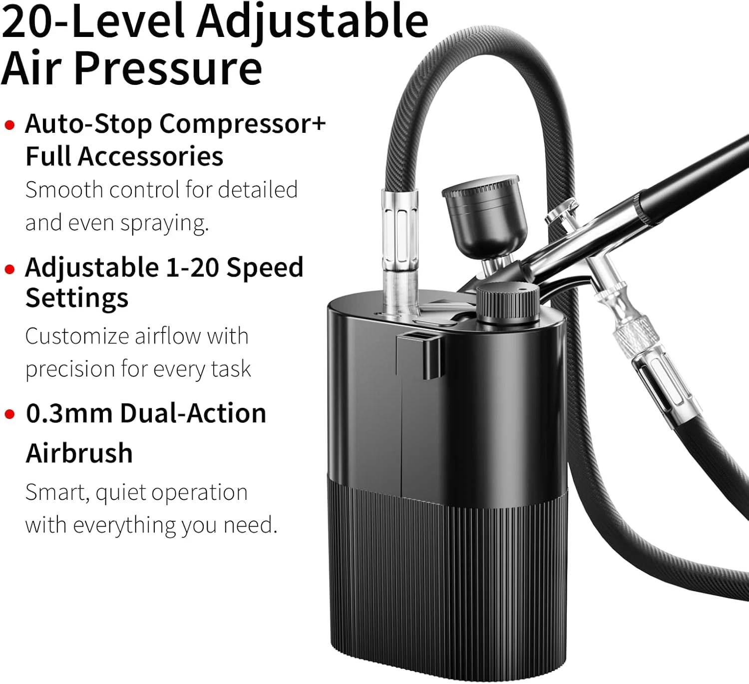 کیت ایربراش با کمپرسور 50PSI فشار قوی، ست قلم ایربراش بدون گرفتگی، تفنگ ایربراش شارژی بی سیم برای نقاشی، طراحی ناخن، آرایشگری، آرایش، تزئین کیک (مشکی)