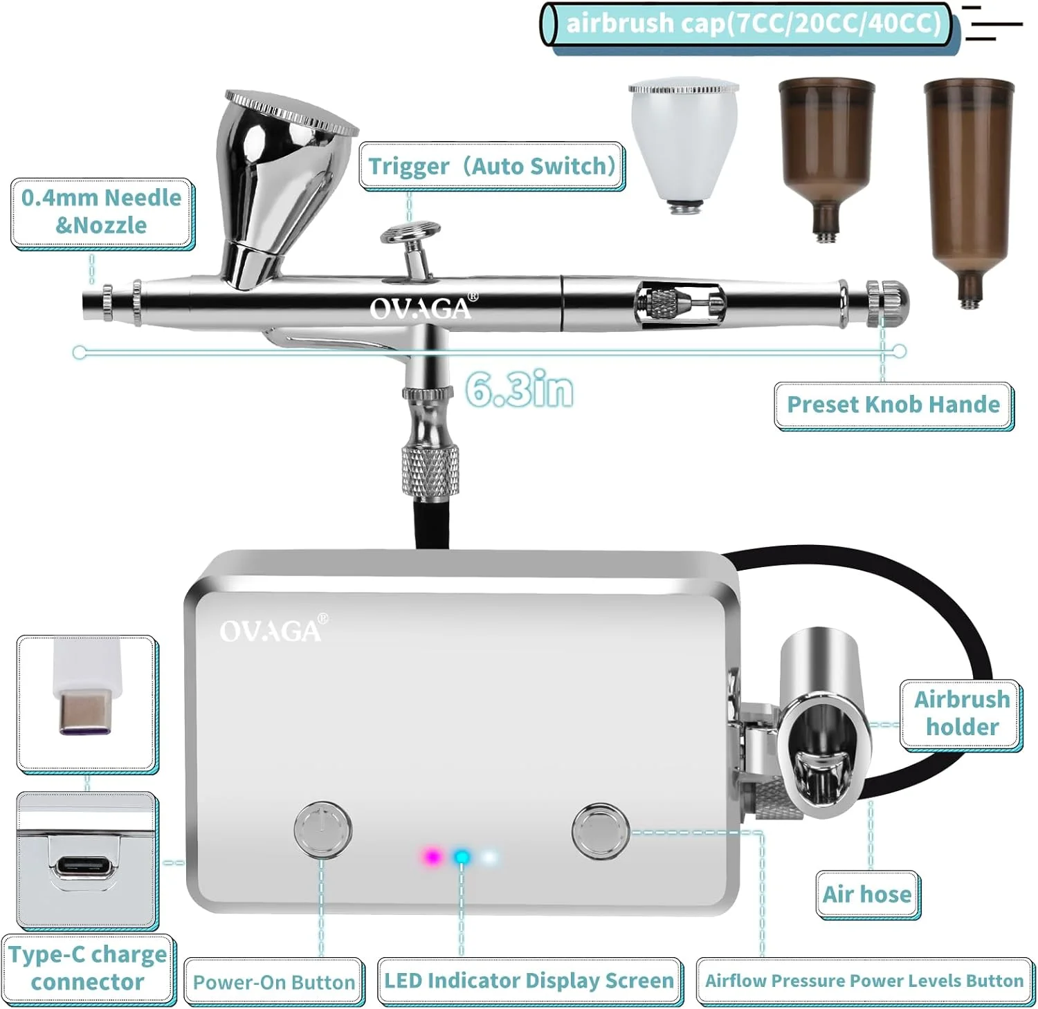 کیت ایربراش OVAGA 32PSI با کمپرسور، ست ایربراش دوال اکشن چند منظوره قابل شارژ، قابل حمل با ست رنگ ایربراش 11 رنگ برای نقاشی، آرایش، تزیین کیک، رنگ آمیزی مدل، طراحی ناخن و تتو کیت ایربراش OVAGA 32PSI با کمپرسور، ست ایربراش دوال اکشن چند منظوره قابل شارژ، قابل حمل با ست رنگ ایربراش 11 رنگ برای نقاشی، آرایش، تزیین کیک، رنگ آمیزی مدل، طراحی ناخن و تتو