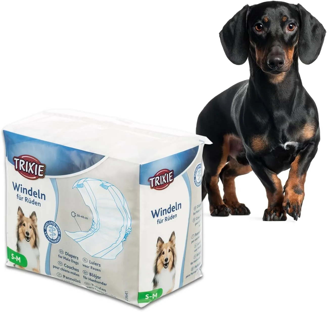 پوشک یکبار مصرف سگ نر تریکسی | ساخته شده از جنس پلی استر، دارای بست های چسبی و نوار الاستیک | قابل استفاده برای جلوگیری از علامت گذاری قلمرو و ادرار هیجانی - سایز S-M دور کمر 30-46 سانتی متر، 12 عدد