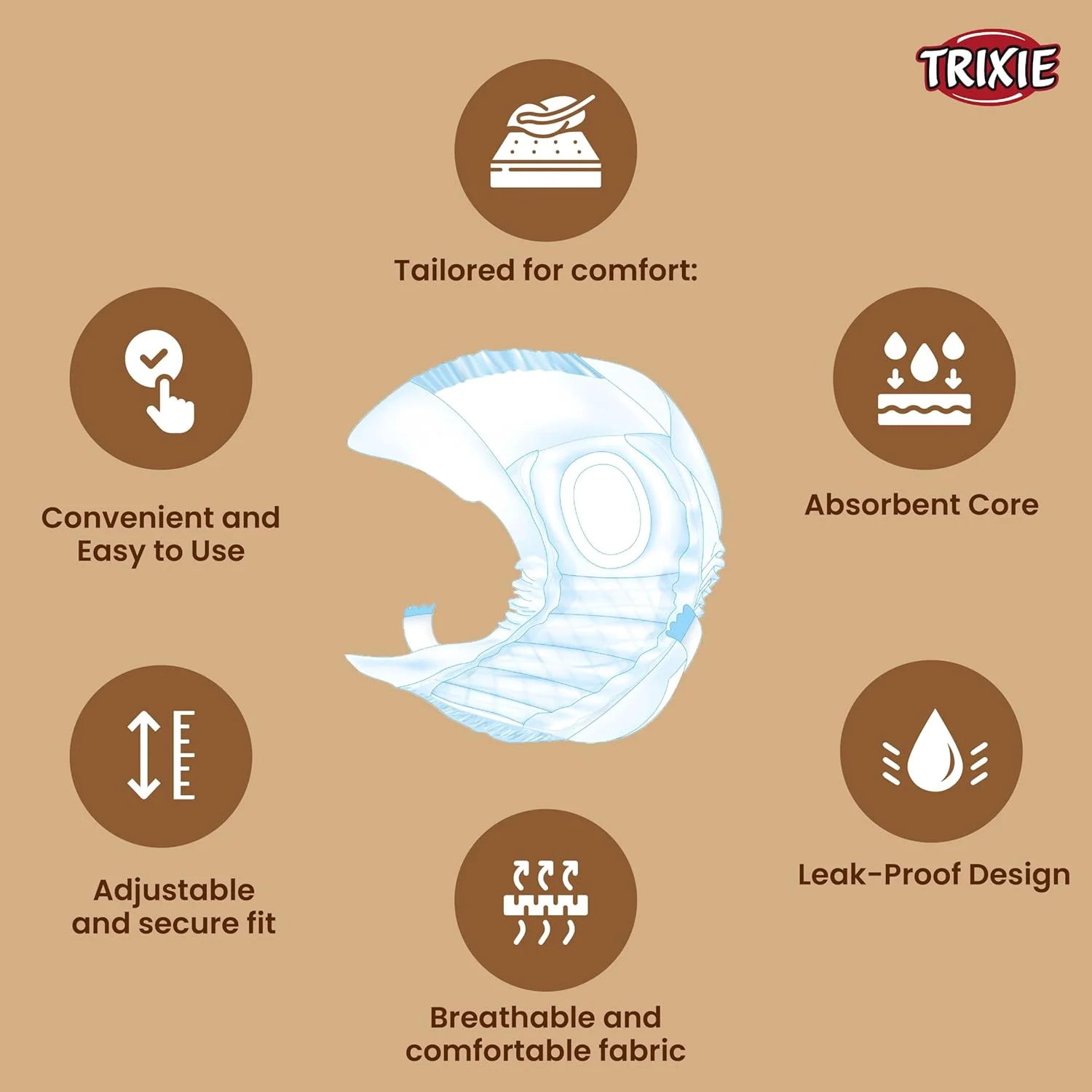 پوشک یکبار مصرف سگ نر تریکسی | ساخته شده از جنس پلی استر، دارای بست های چسبی و نوار الاستیک | قابل استفاده برای جلوگیری از علامت گذاری قلمرو و ادرار هیجانی - سایز S-M دور کمر 30-46 سانتی متر، 12 عدد