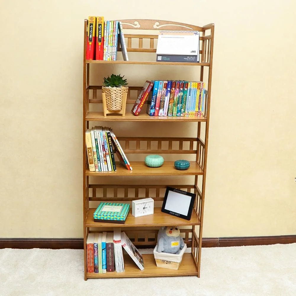 قفسه کتاب 5 طبقه YATAI، قفسه کتاب بامبو، سازمان دهنده چوبی چند منظوره، قفسه نمایشگر، قفسه ایستاده برای قفسه کفش، استند گل و گیاه و منزل