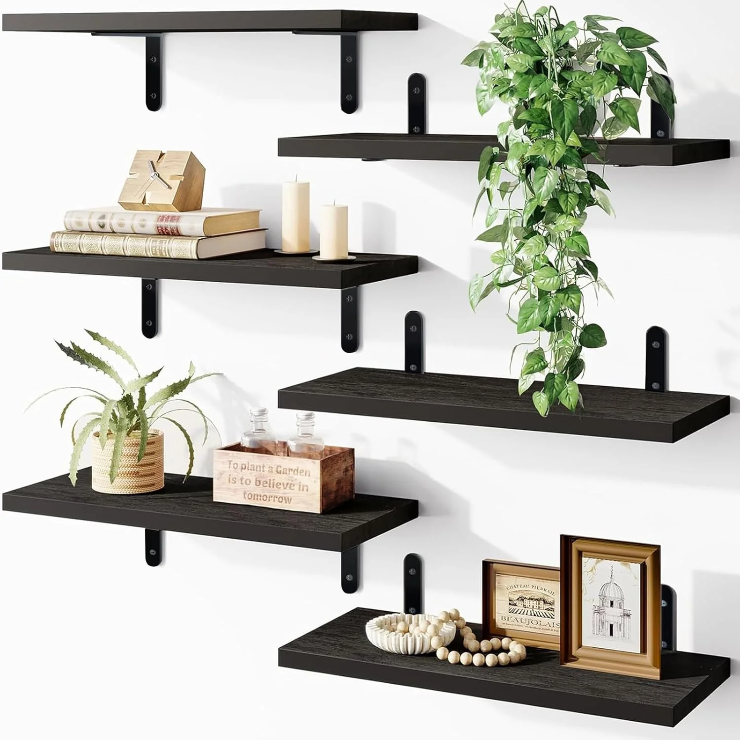 شلف دیواری چوبی شناور Beauenty - ست 6 عددی، شلف چوبی روستایی برای دکور دیوار، شلف های ذخیره سازی حمام، شلف کتاب برای اتاق نشیمن (مشکی) شلف دیواری چوبی شناور Beauenty - ست 6 عددی، شلف چوبی روستایی برای دکور دیوار، شلف های ذخیره سازی حمام، شلف کتاب برای اتاق نشیمن (مشکی)