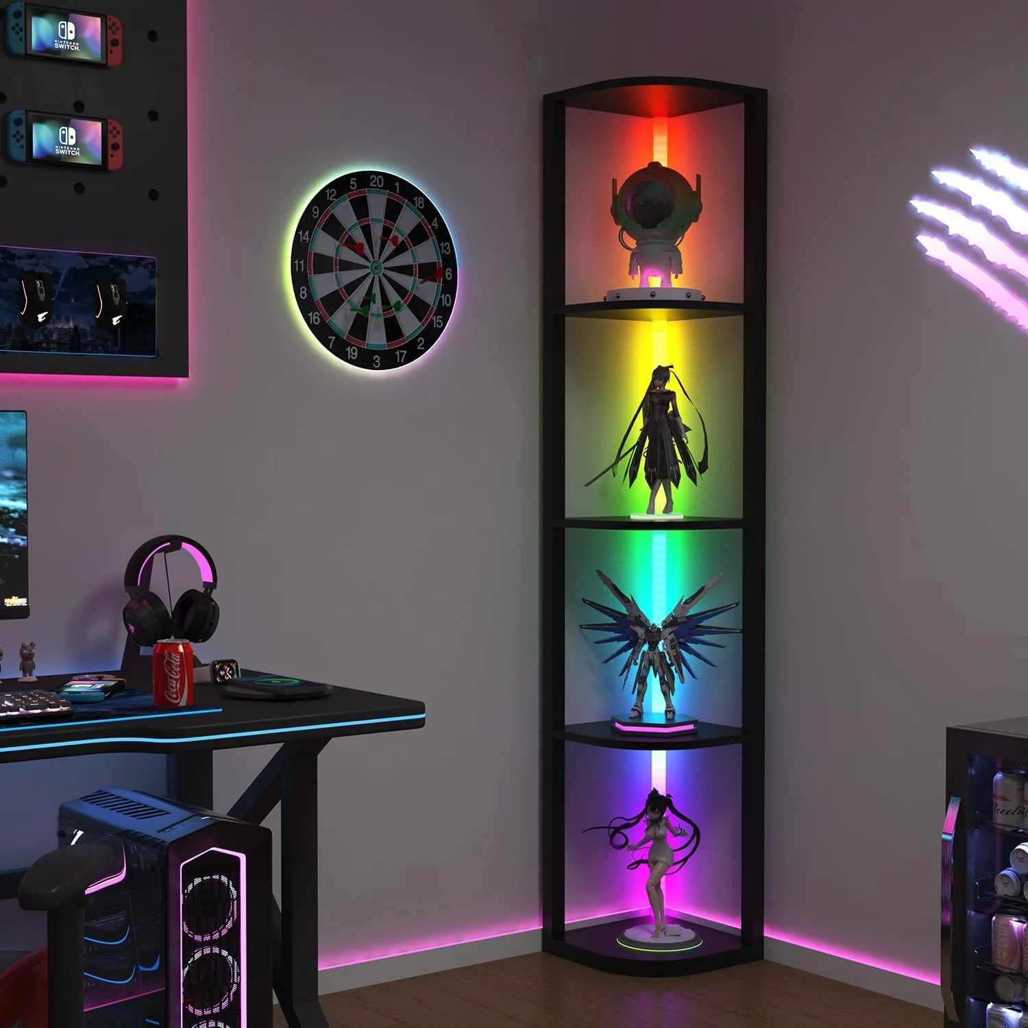 قفسه گوشه ای 5 طبقه با نور LED، سازمان دهنده قفسه ایستاده، قفسه کتاب باریک مشکی با قفسه ذخیره سازی برای گوشه دیوار، اتاق نشیمن، اتاق خواب، قاب فلزی، قفسه نمایش چوبی