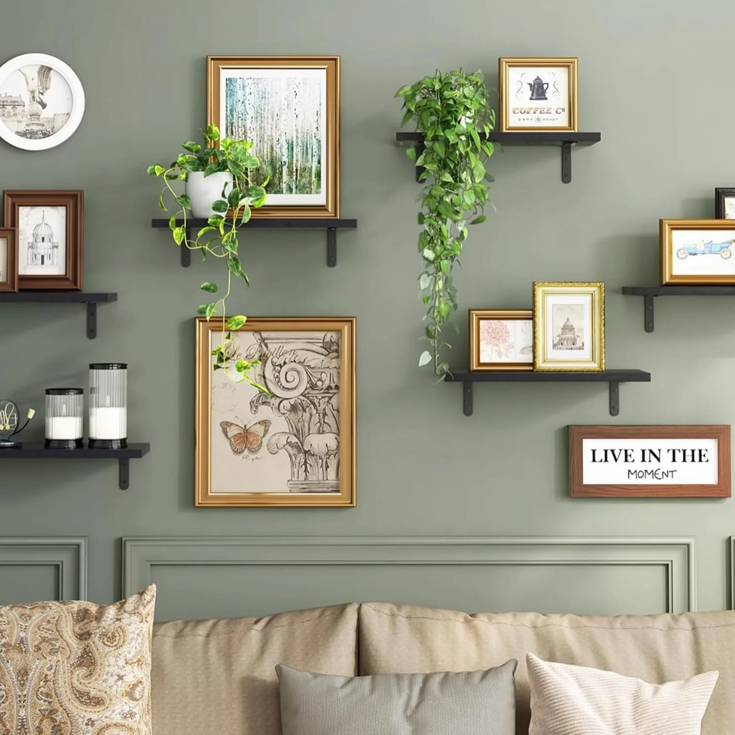 شلف دیواری چوبی شناور Beauenty - ست 6 عددی، شلف چوبی روستایی برای دکور دیوار، شلف های ذخیره سازی حمام، شلف کتاب برای اتاق نشیمن (مشکی)