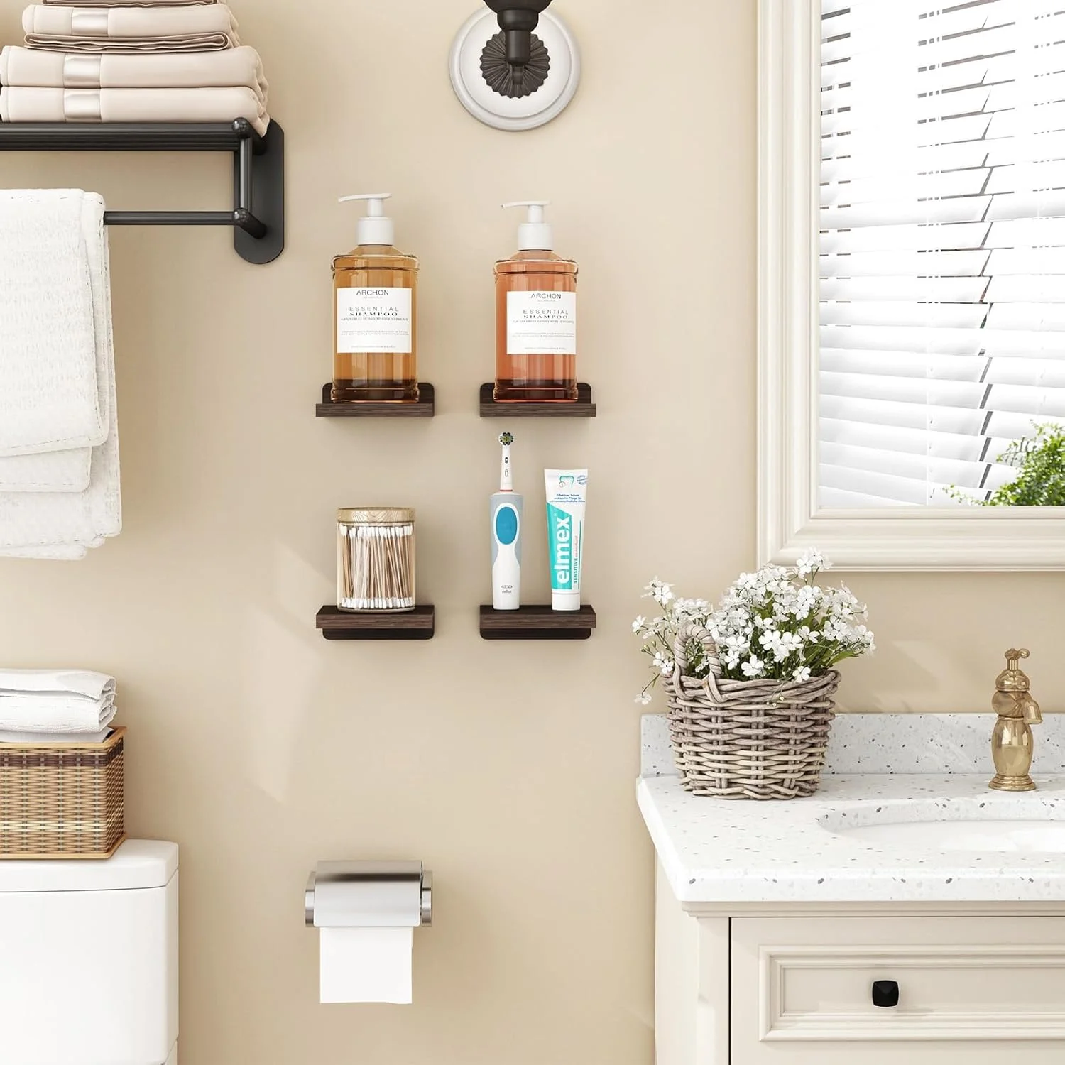 شلف دیواری کوچک شناور، ست 4 عددی 12.5x12.5 سانتی‌متری، شلف دیواری کوچک چوبی روستیک برای دکور اتاق خواب، اتاق نشیمن، آشپزخانه، حمام (مشکی کربنی تیره)