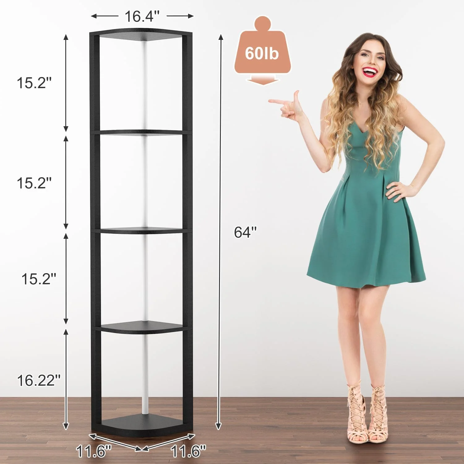 قفسه گوشه ای 5 طبقه با نور LED، سازمان دهنده قفسه ایستاده، قفسه کتاب باریک مشکی با قفسه ذخیره سازی برای گوشه دیوار، اتاق نشیمن، اتاق خواب، قاب فلزی، قفسه نمایش چوبی