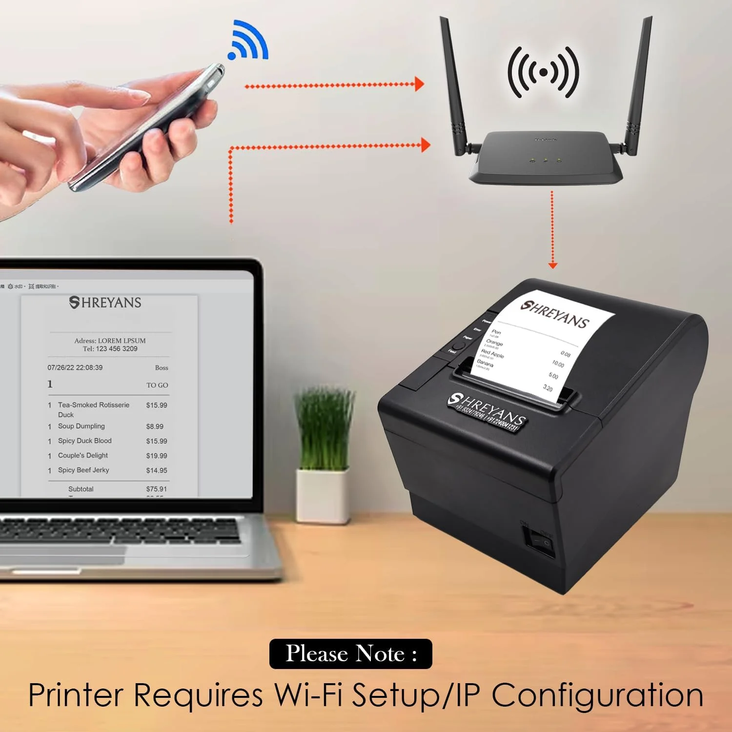 پرینتر حرارتی رسید 80 میلی‌متری SHREYANS با برش خودکار، سازگار با دستورات چاپ ESC/POS/Star (USB+Bluetooth+Wifi)