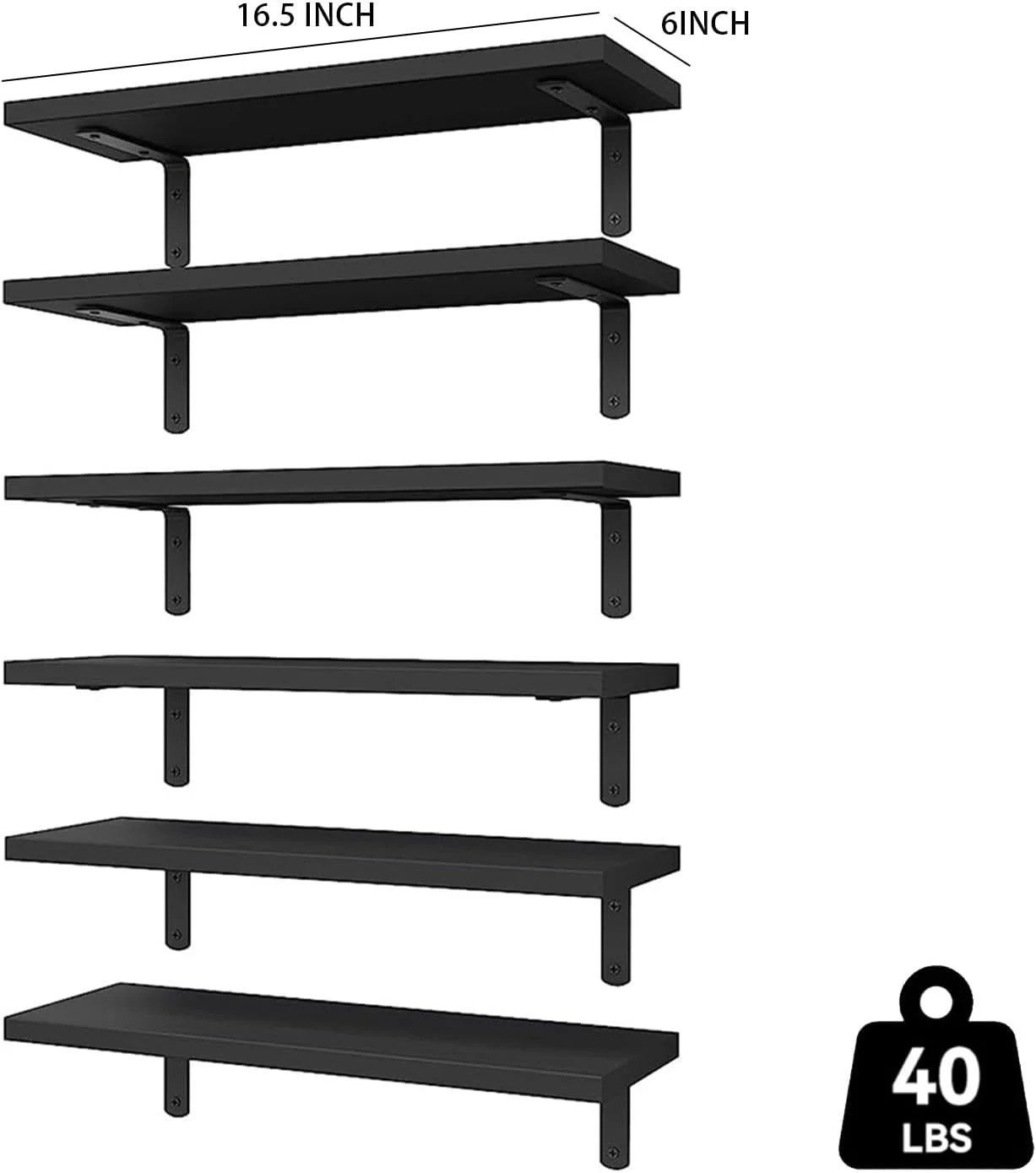 شلف دیواری چوبی شناور Beauenty - ست 6 عددی، شلف چوبی روستایی برای دکور دیوار، شلف های ذخیره سازی حمام، شلف کتاب برای اتاق نشیمن (مشکی)