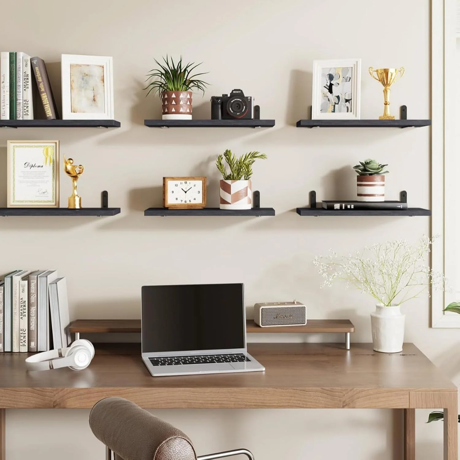 شلف دیواری چوبی شناور Beauenty - ست 6 عددی، شلف چوبی روستایی برای دکور دیوار، شلف های ذخیره سازی حمام، شلف کتاب برای اتاق نشیمن (مشکی)