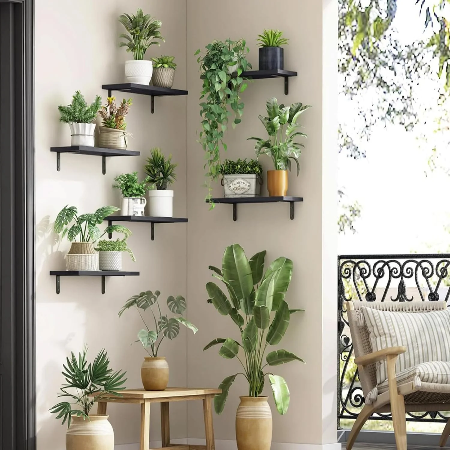 شلف دیواری چوبی شناور Beauenty - ست 6 عددی، شلف چوبی روستایی برای دکور دیوار، شلف های ذخیره سازی حمام، شلف کتاب برای اتاق نشیمن (مشکی)