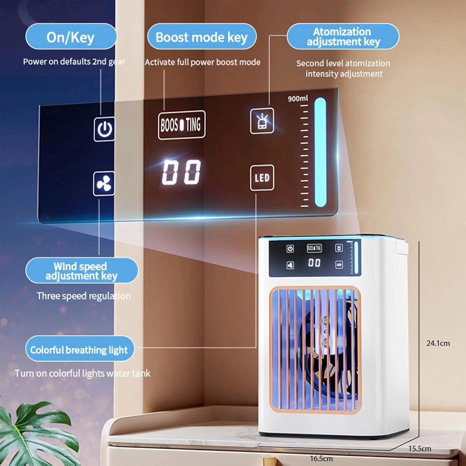 کولر گازی قابل حمل، واحد تهویه مطبوع 4 در 1، کولر تبخیری 900 میلی لیتری با مخزن دوتایی، کولر گازی کوچک شخصی با 7 رنگ نور، فن خنک کننده کوچک قابل حمل برای اتاق و دفتر
