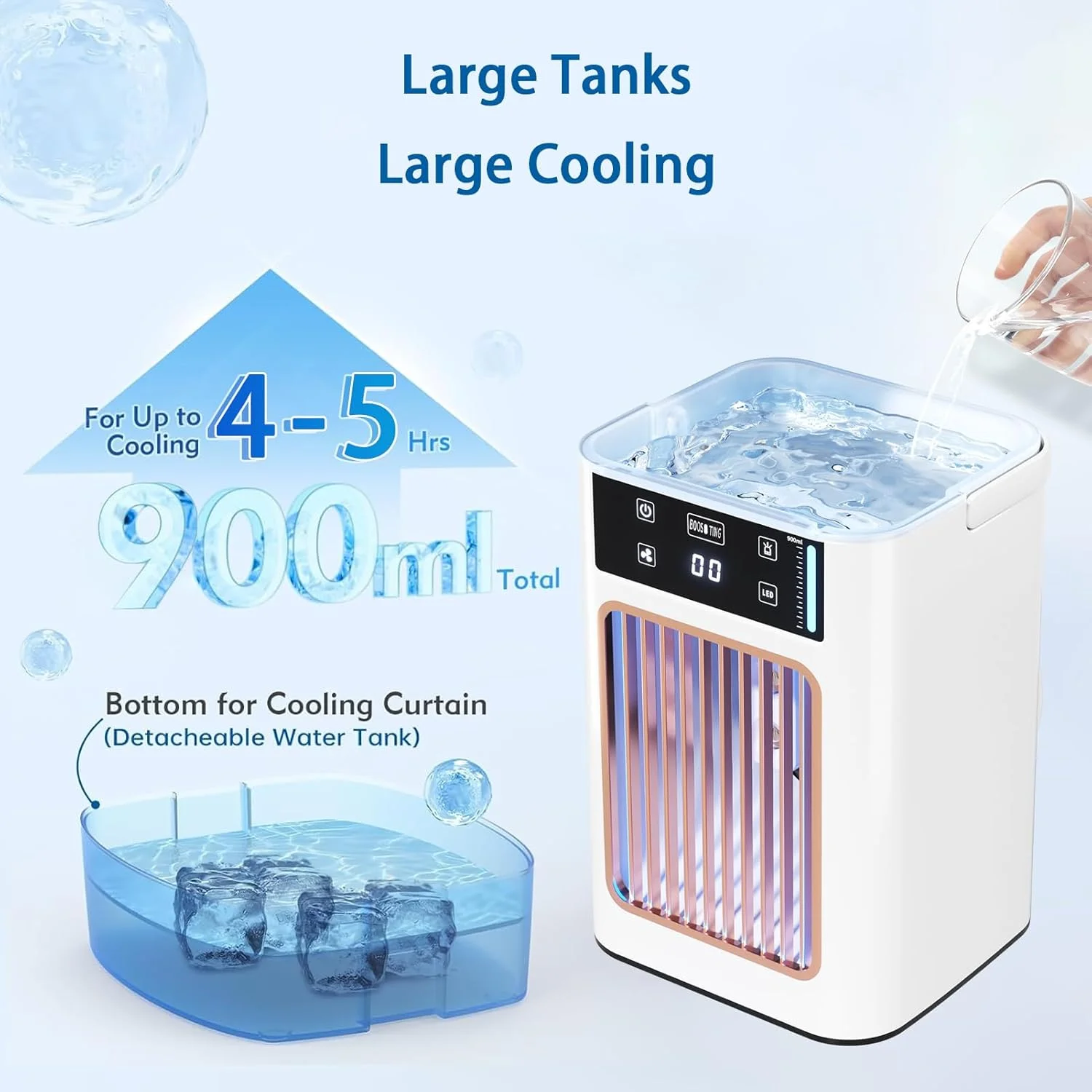 کولر گازی قابل حمل، واحد تهویه مطبوع 4 در 1، کولر تبخیری 900 میلی لیتری با مخزن دوتایی، کولر گازی کوچک شخصی با 7 رنگ نور، فن خنک کننده کوچک قابل حمل برای اتاق و دفتر